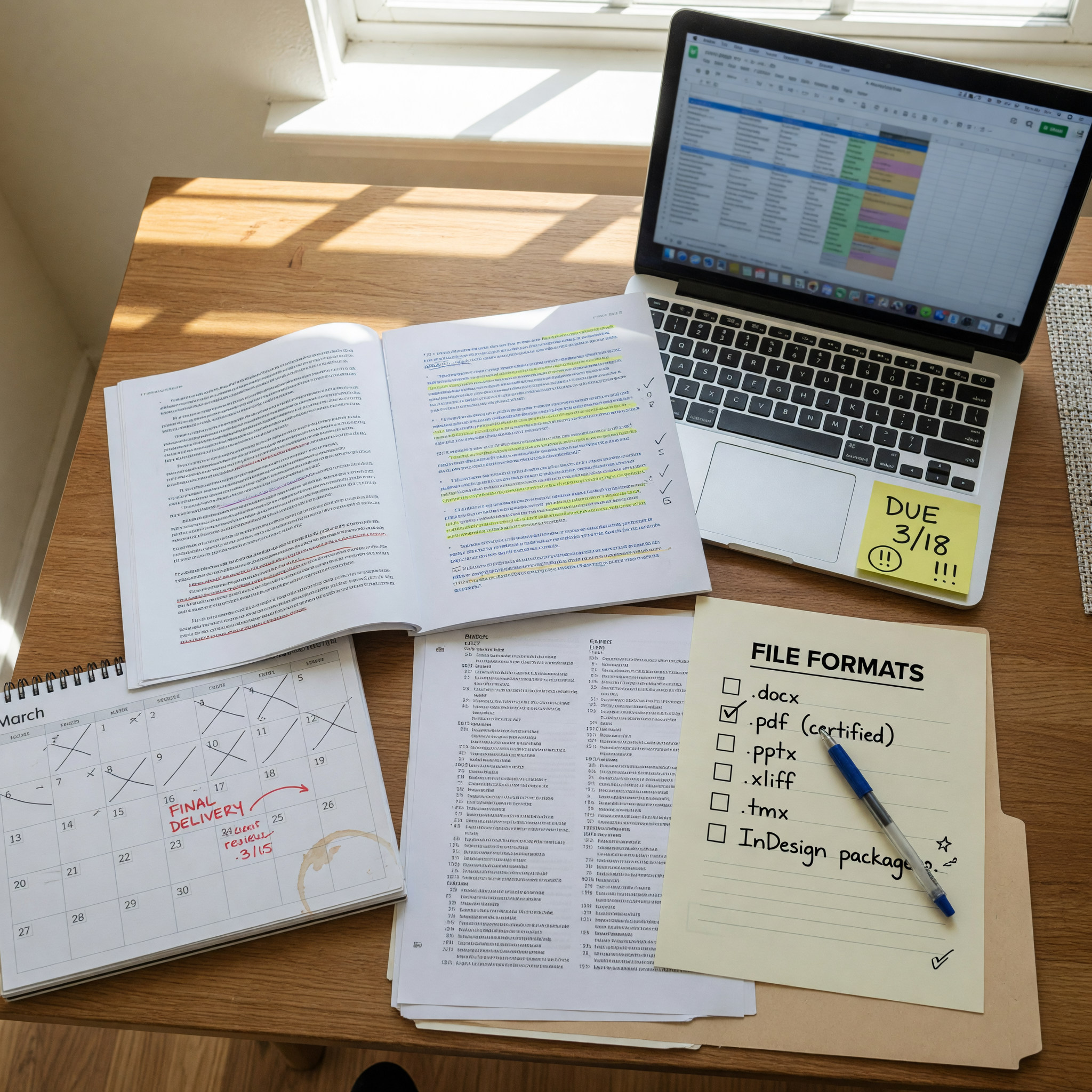 Escritorio con documentos bilingues, laptop y notas para preparar un anuncio de traduccion