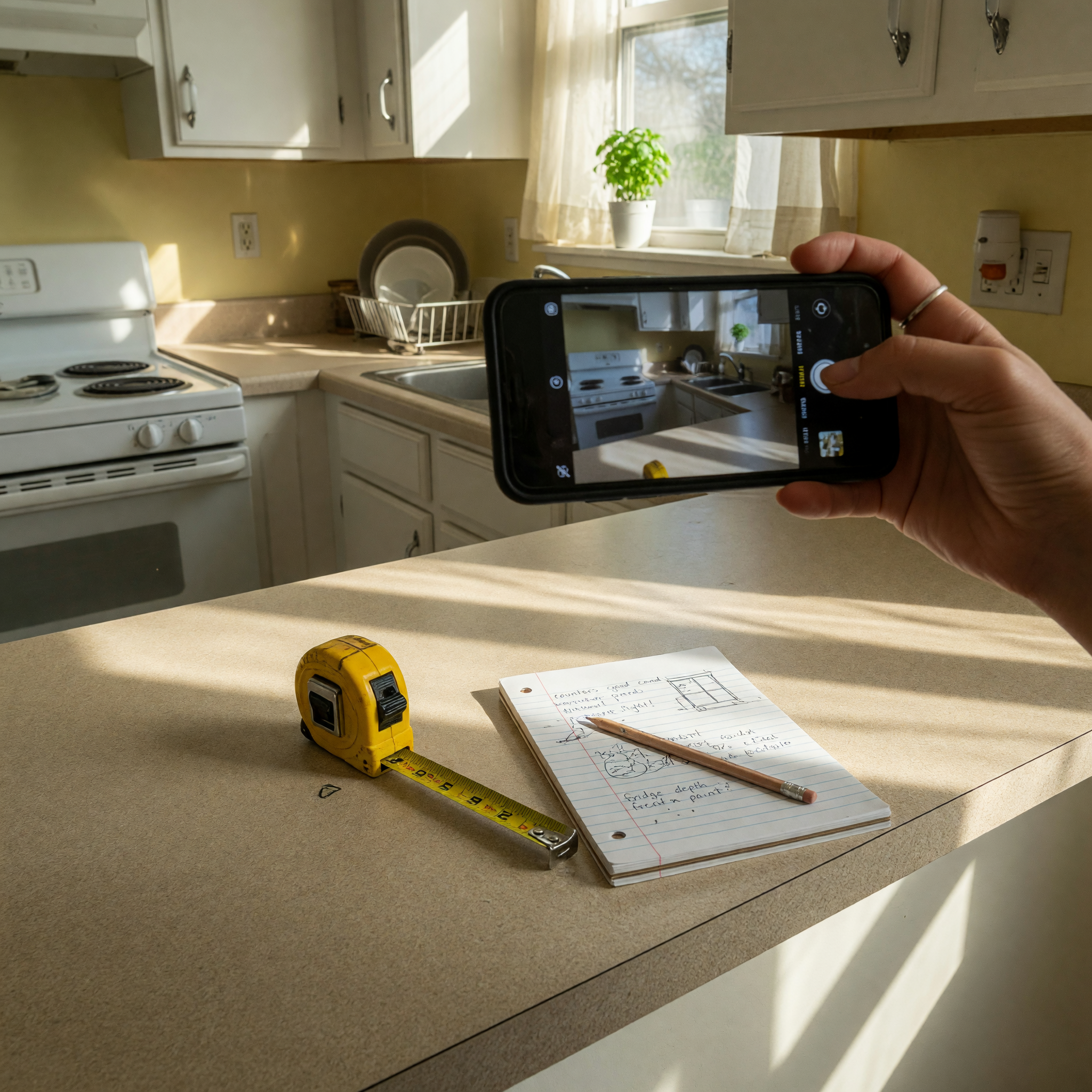 A person holding a smartphone photographing a sunlit apartment kitchen to make a rental listing, with a tape measure and a handwritten notepad on the counter nearby