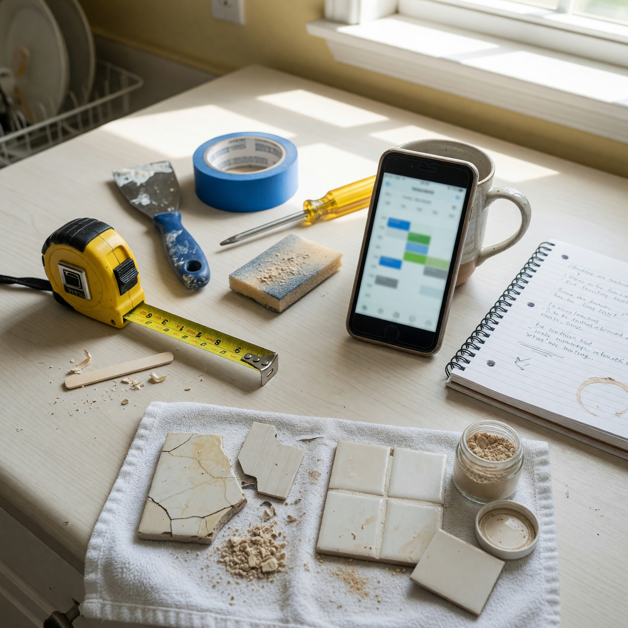 Repair tools, measuring tape, sample materials, and booking calendar for preparing a service listing