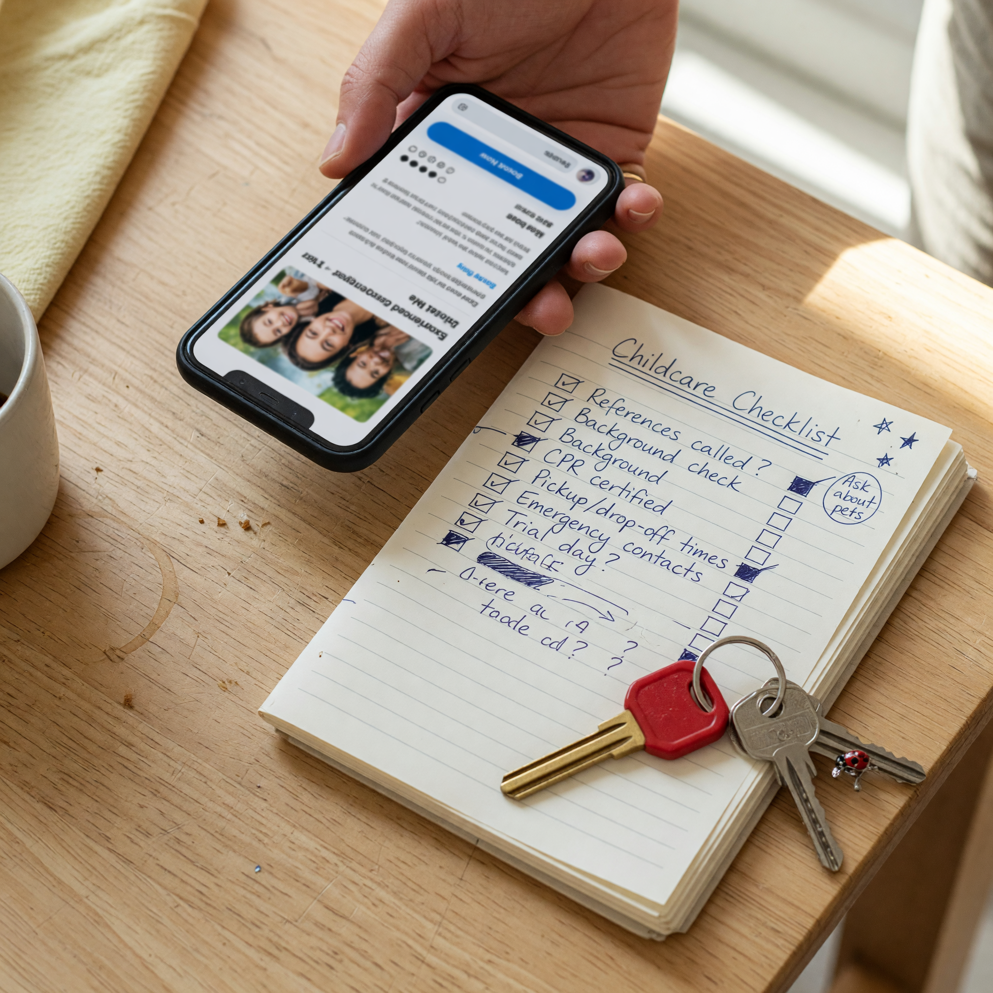 A parent's hand holding a phone that shows a childcare listing, next to a handwritten checklist notebook and a house key on a kitchen table in natural light