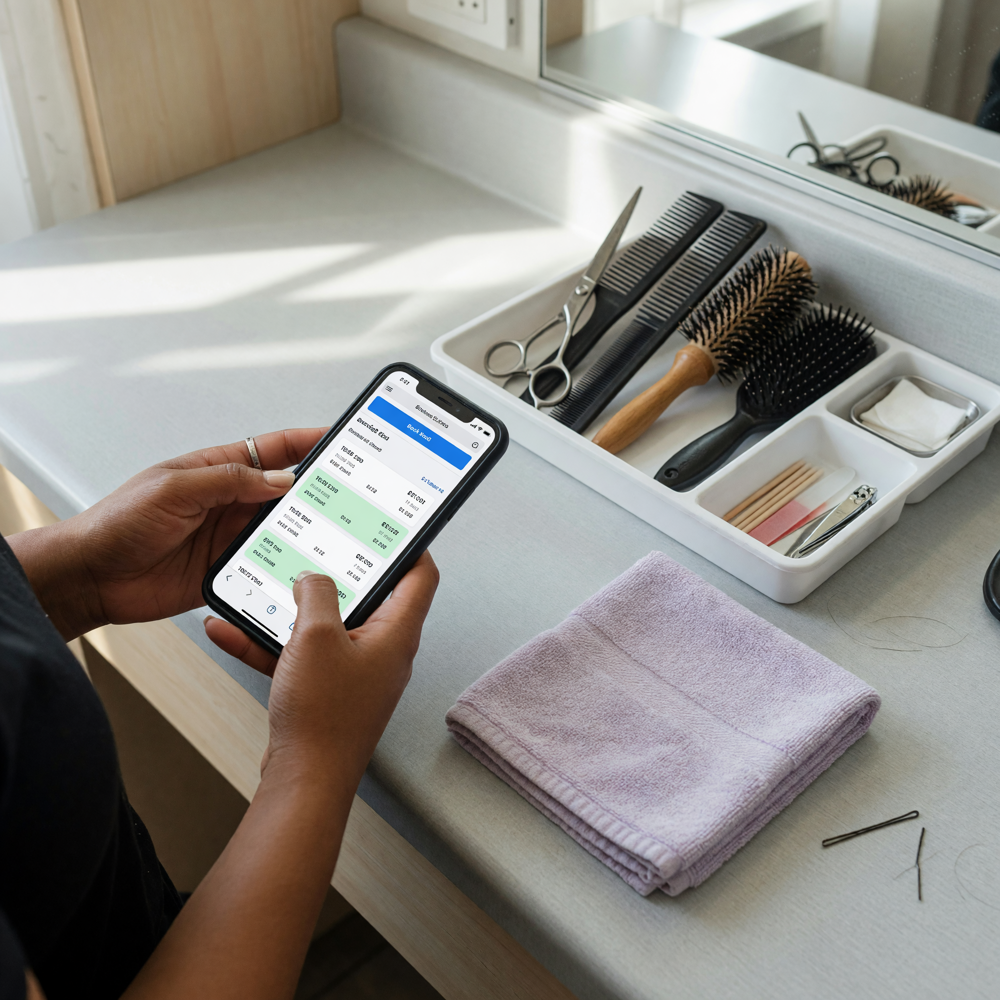 A beauty professional holding a phone showing a booking screen next to an organized tray of clean scissors, combs, and brushes