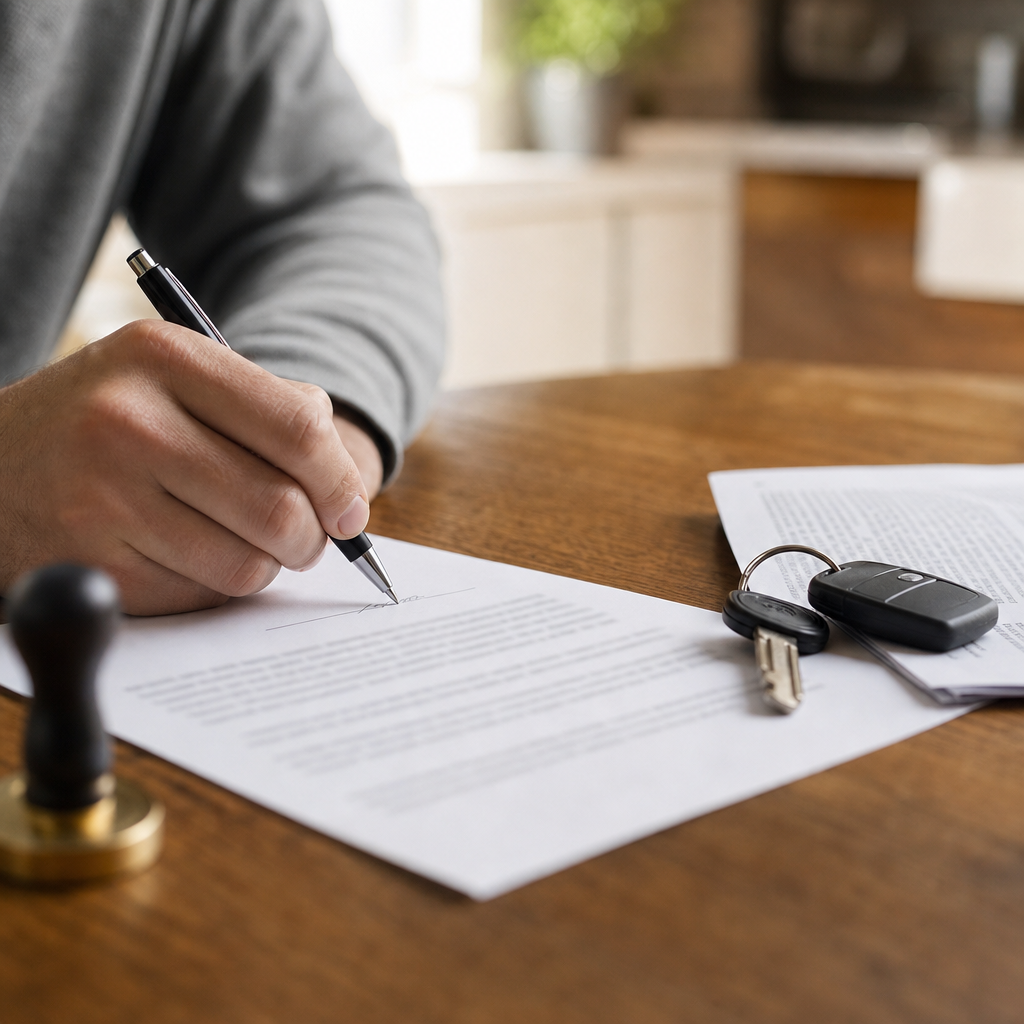 Close-up of a hand signing a bill of sale document next to car keys and a second copy on a wooden table