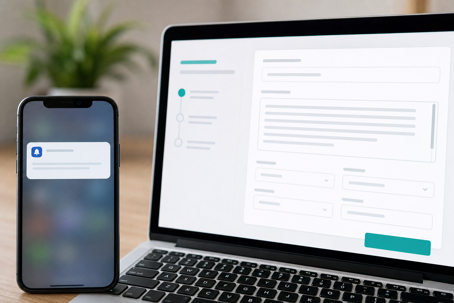 Phone notification beside a laptop listing draft form showing Brixaz saved search and posting tools