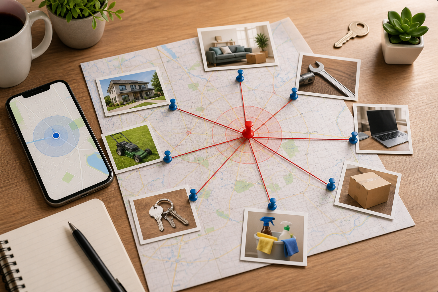 A phone and paper map show one local search point expanding to nearby housing, service, job, and item listings.