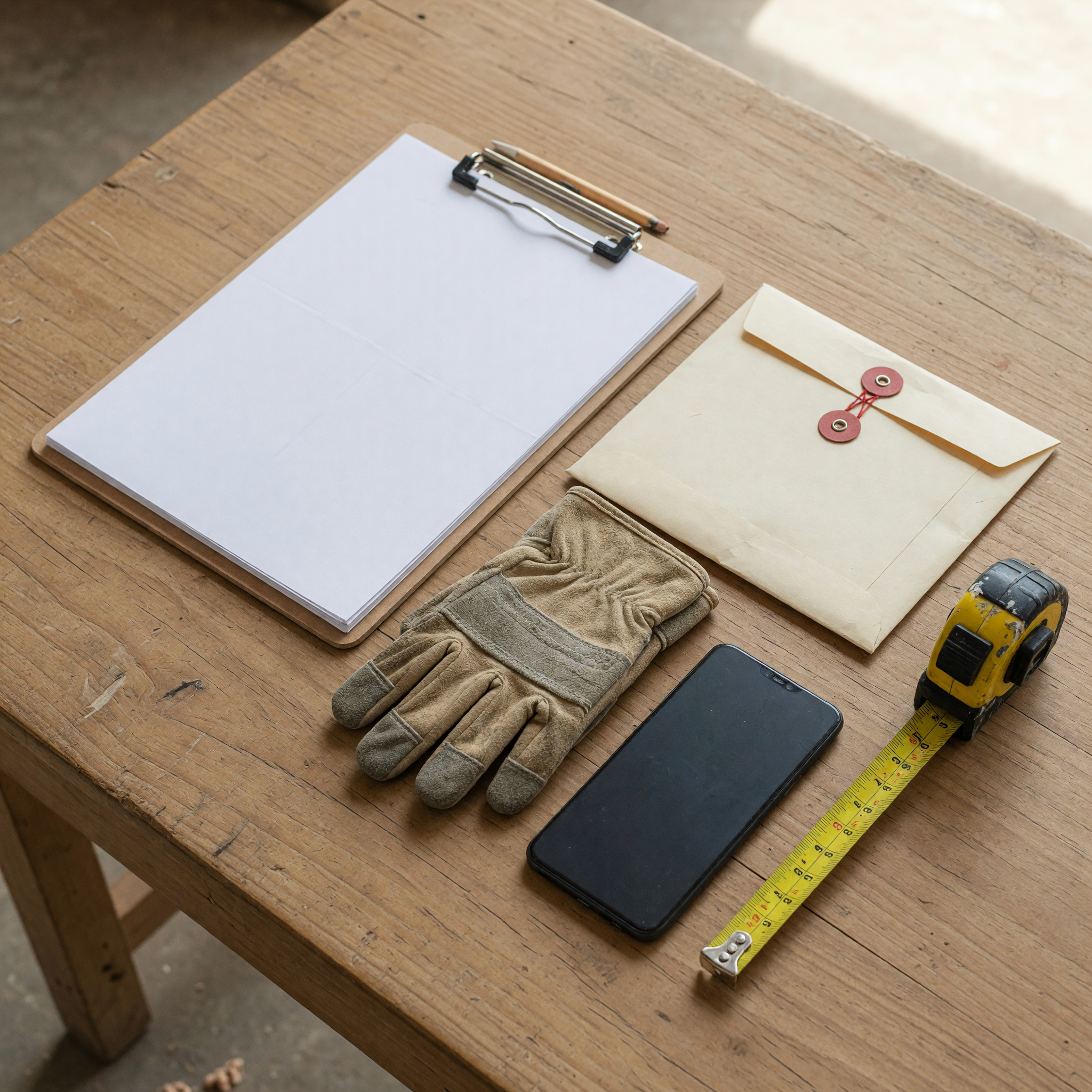 Blank clipboard, work gloves, phone, and envelope prepared for planning a paid same-day gig