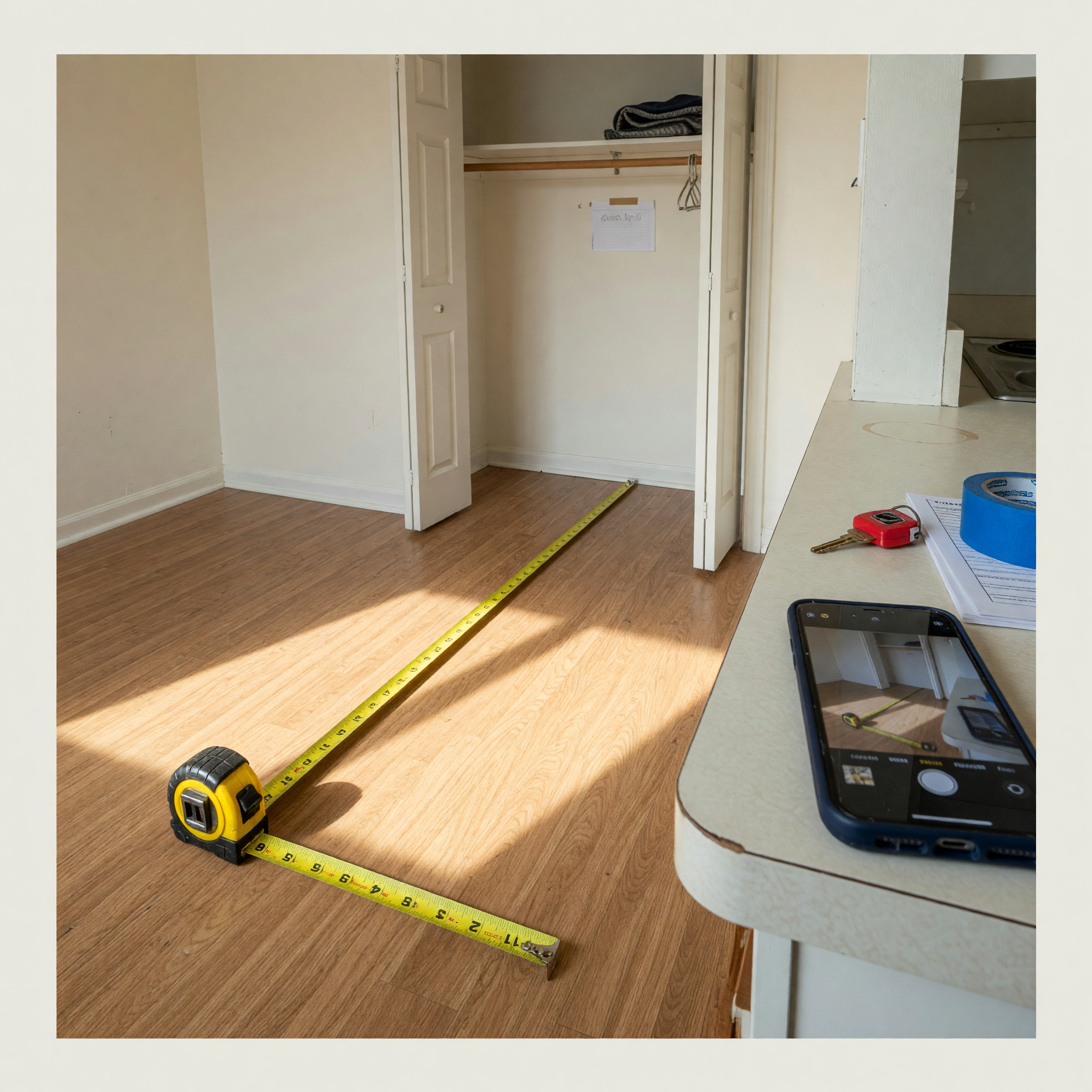 Tape measure and phone camera set up for photographing a Chicago room rental listing