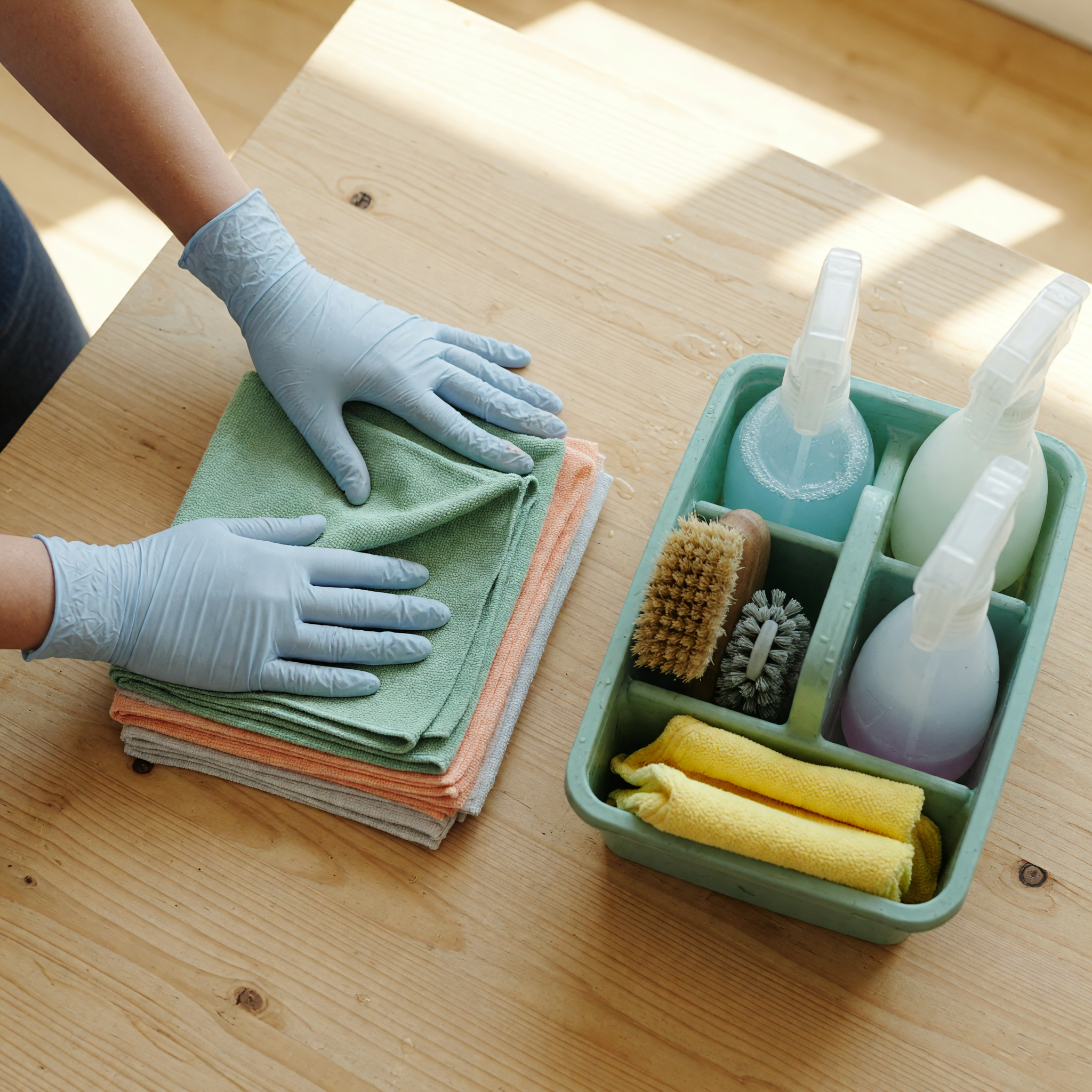Gloved hands folding clean microfiber cloths beside an organized caddy of spray bottles and brushes on a wooden table