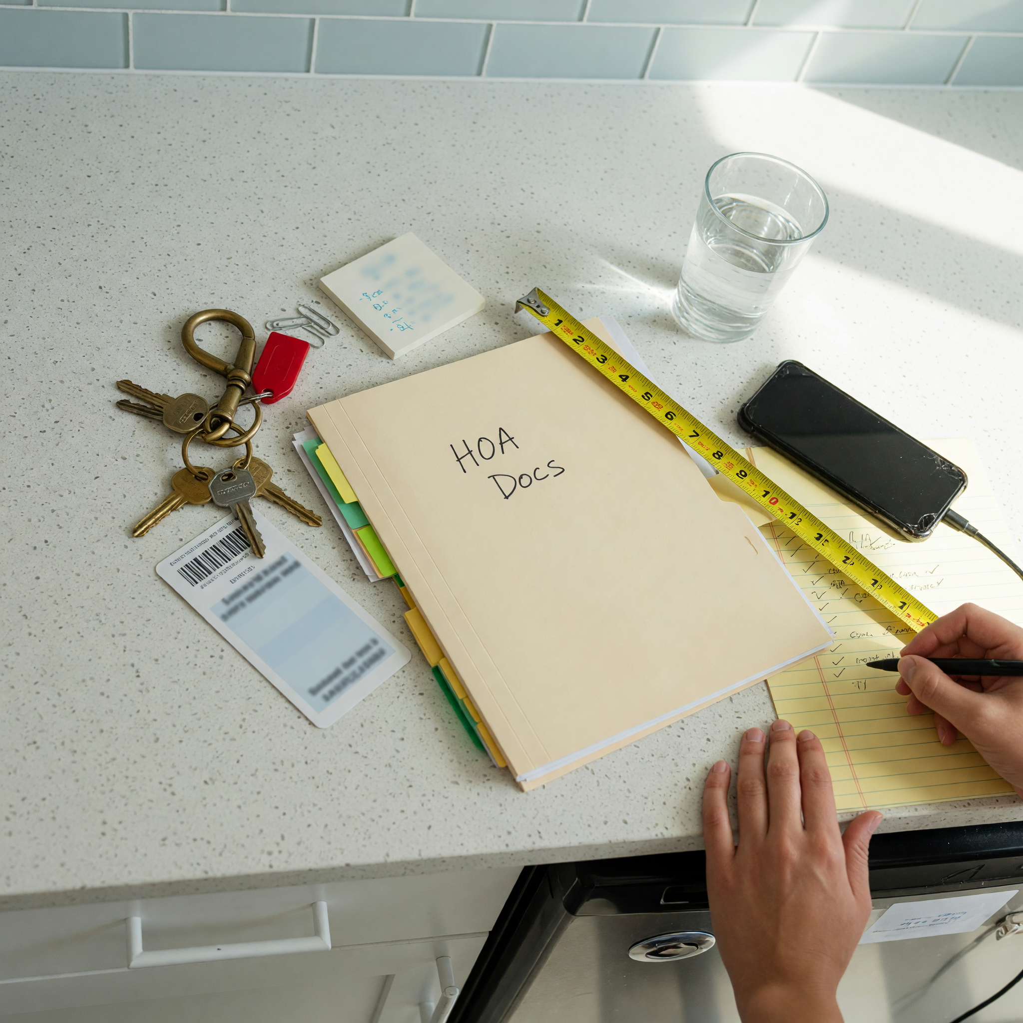 Condo owner preparing a rental listing with keys, parking pass, HOA paperwork, and a phone on a kitchen counter