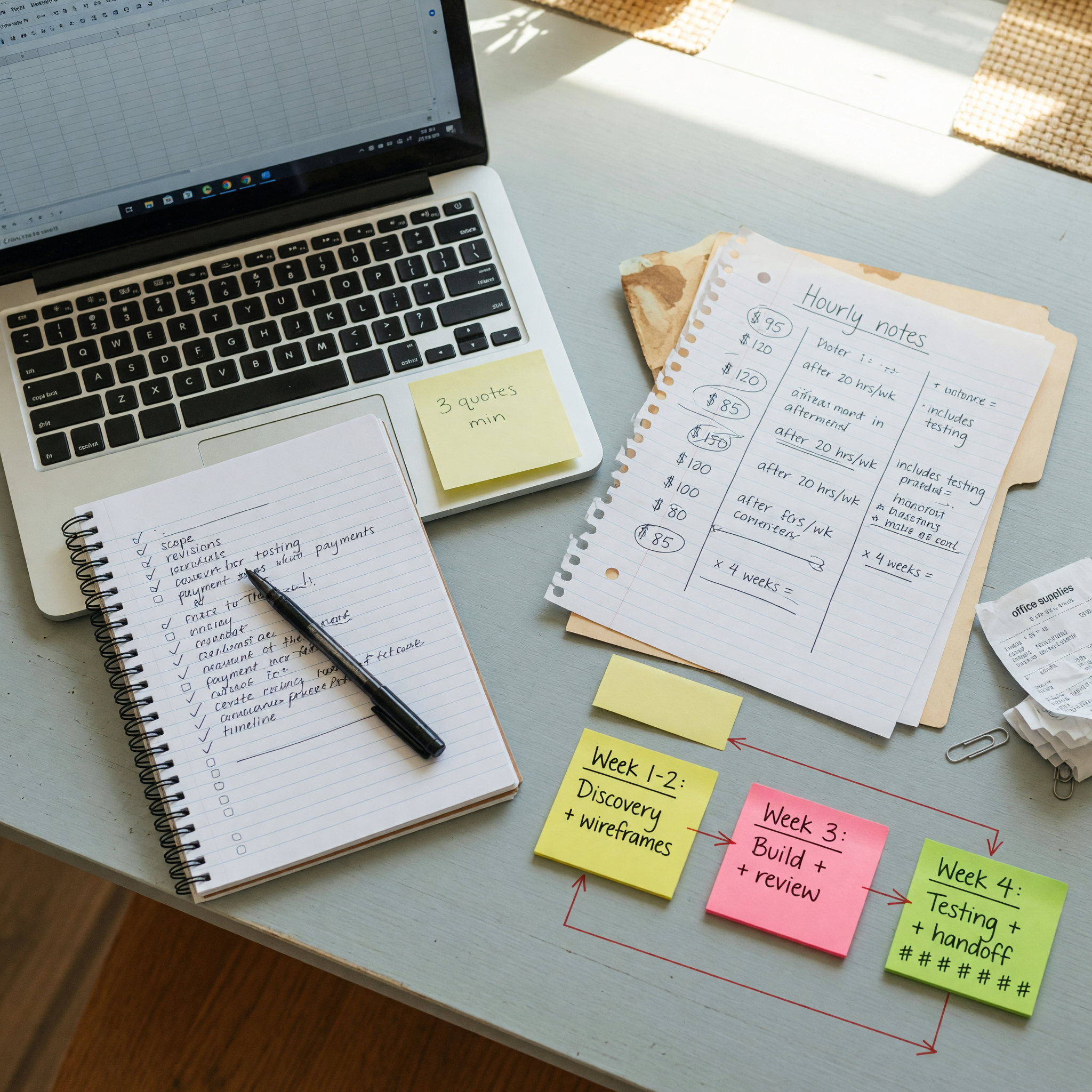 Notebook checklist and laptop for planning a contract developer job post