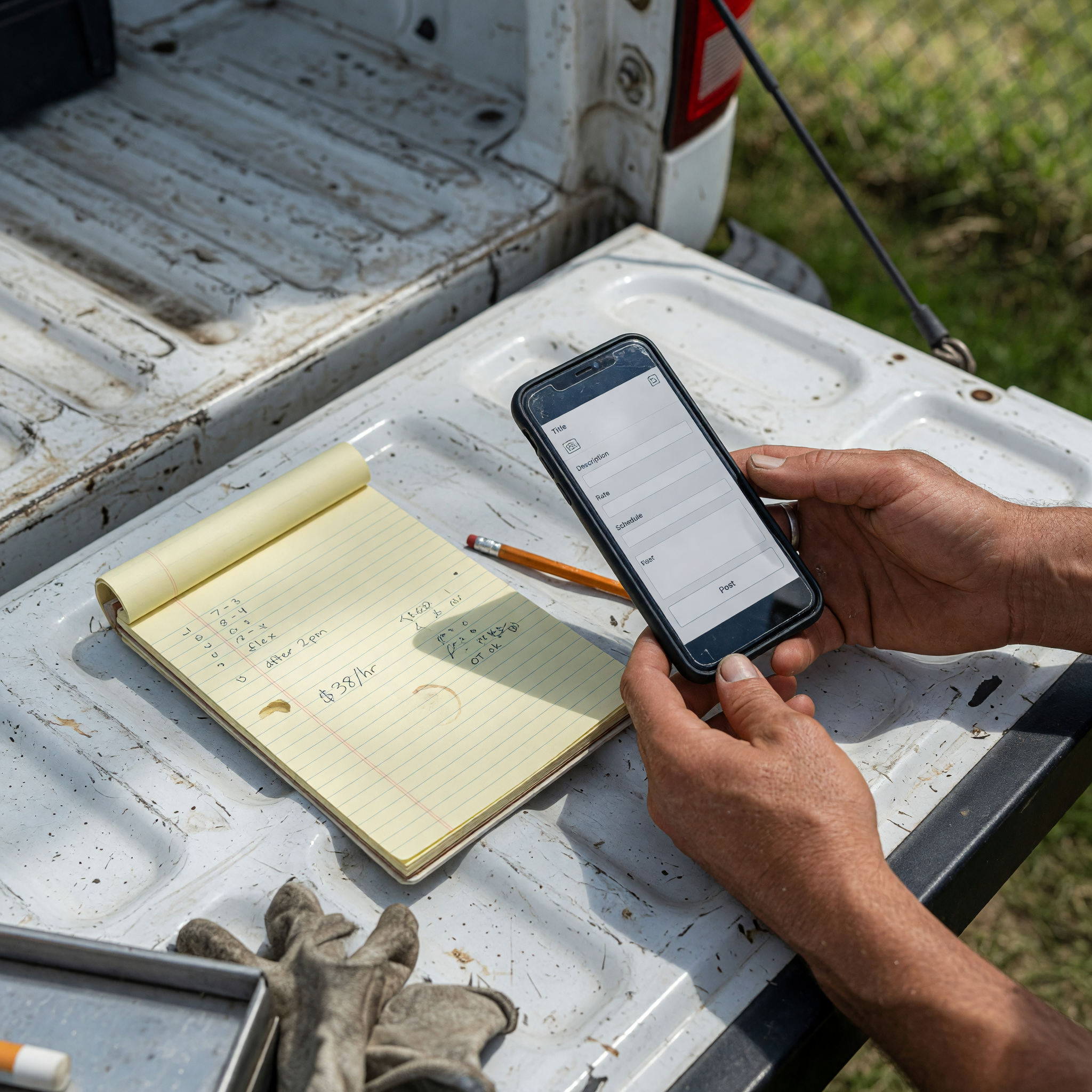 A worker's hands holding a phone with a blank job listing form on a truck tailgate, next to a notepad showing availability times and an hourly rate