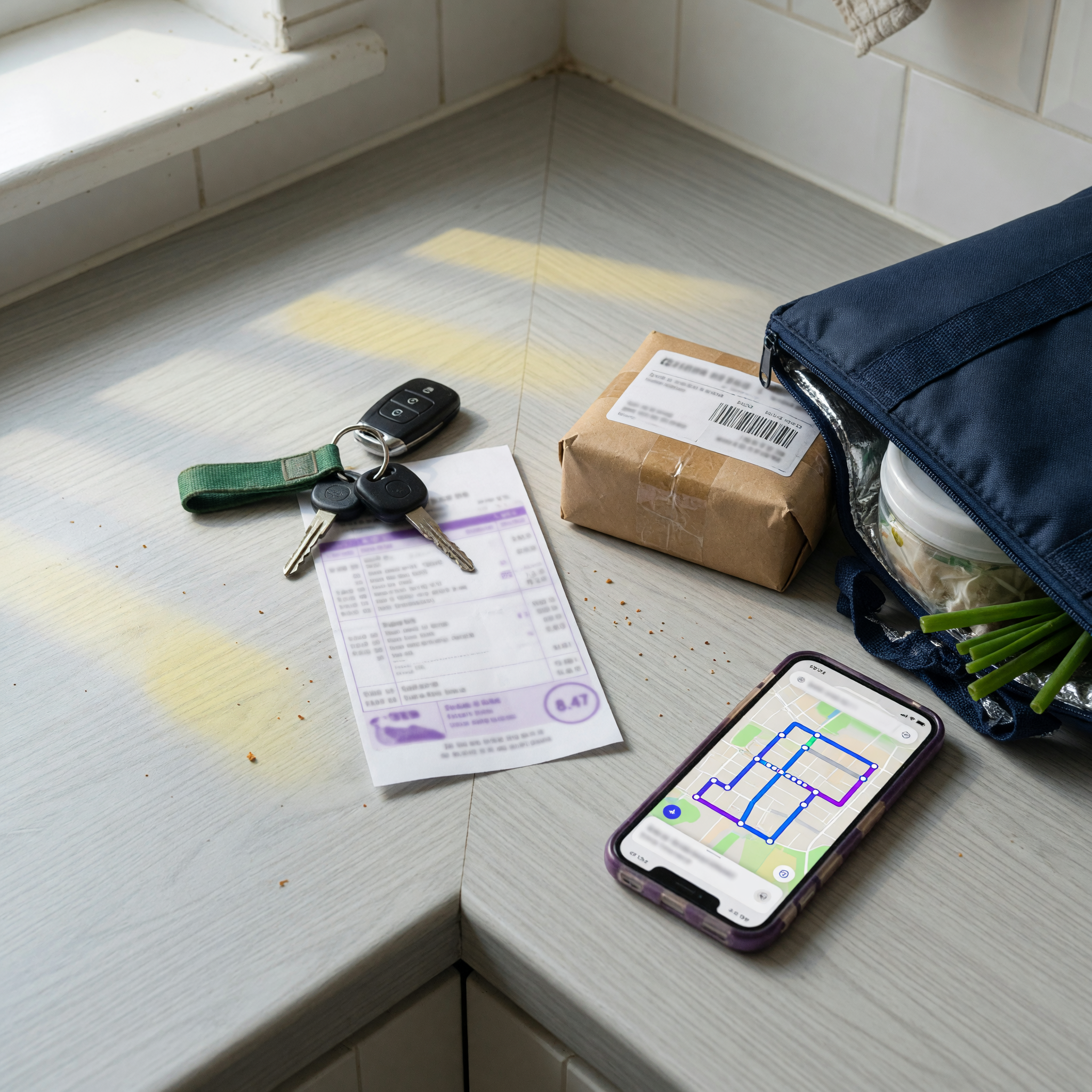 Car keys, grocery bag, small parcel, receipt, and phone map arranged as a local errand run plan