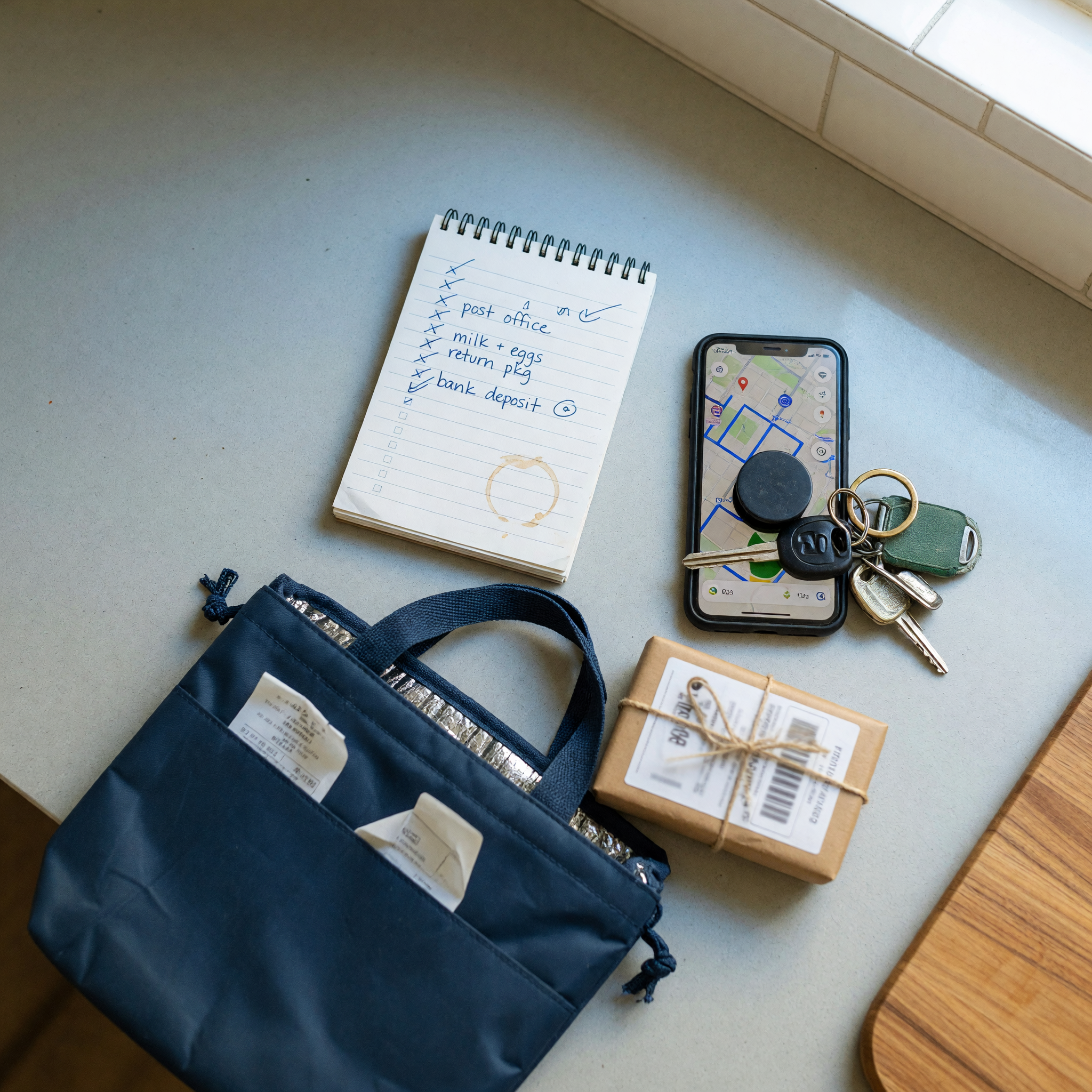 An overhead view of a handwritten errand checklist on a notepad next to a smartphone showing a map, car keys, an insulated grocery bag, and a small parcel on a kitchen counter