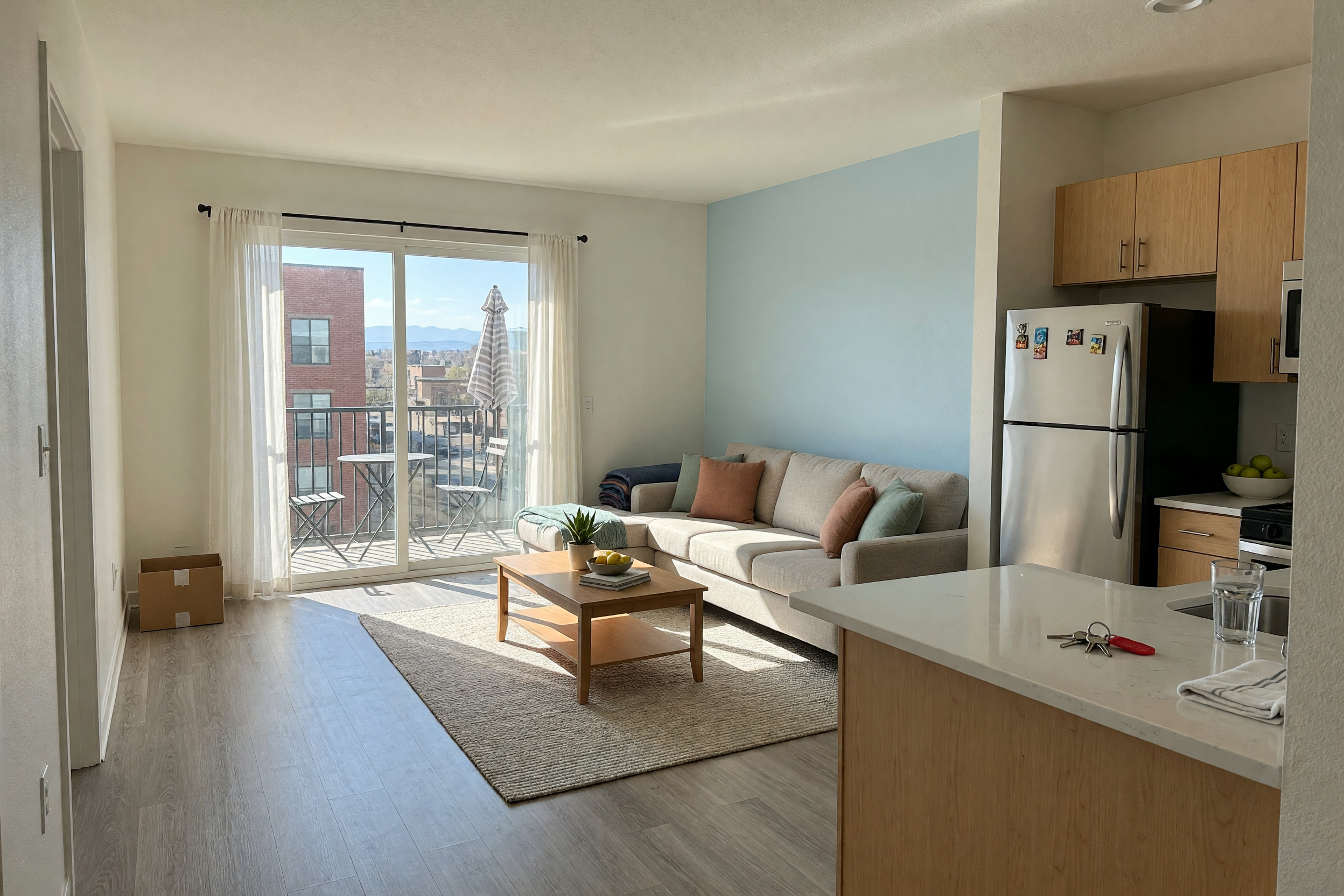 Bright Denver apartment living room prepared for a rental listing with kitchen and balcony light visible