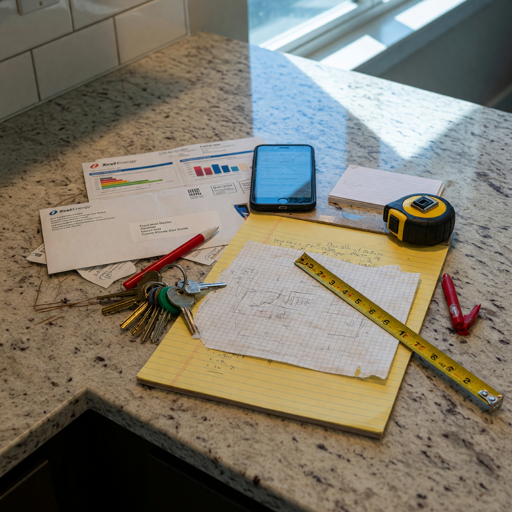 Denver apartment owner preparing rental listing notes with keys, floor plan sketch, utility bills, and phone on a kitchen counter