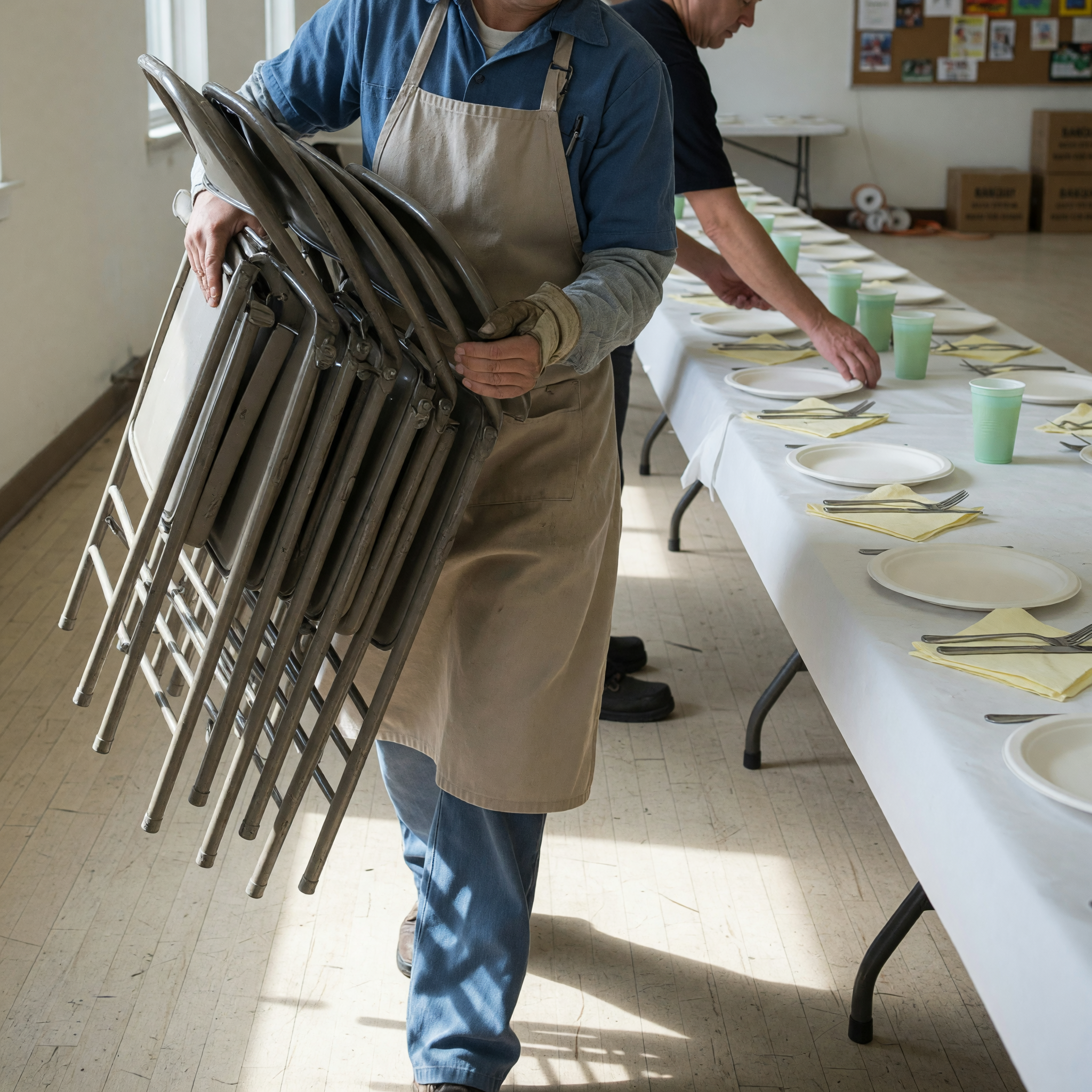 A worker carrying a stack of folding chairs across an event venue while another sets a long banquet table