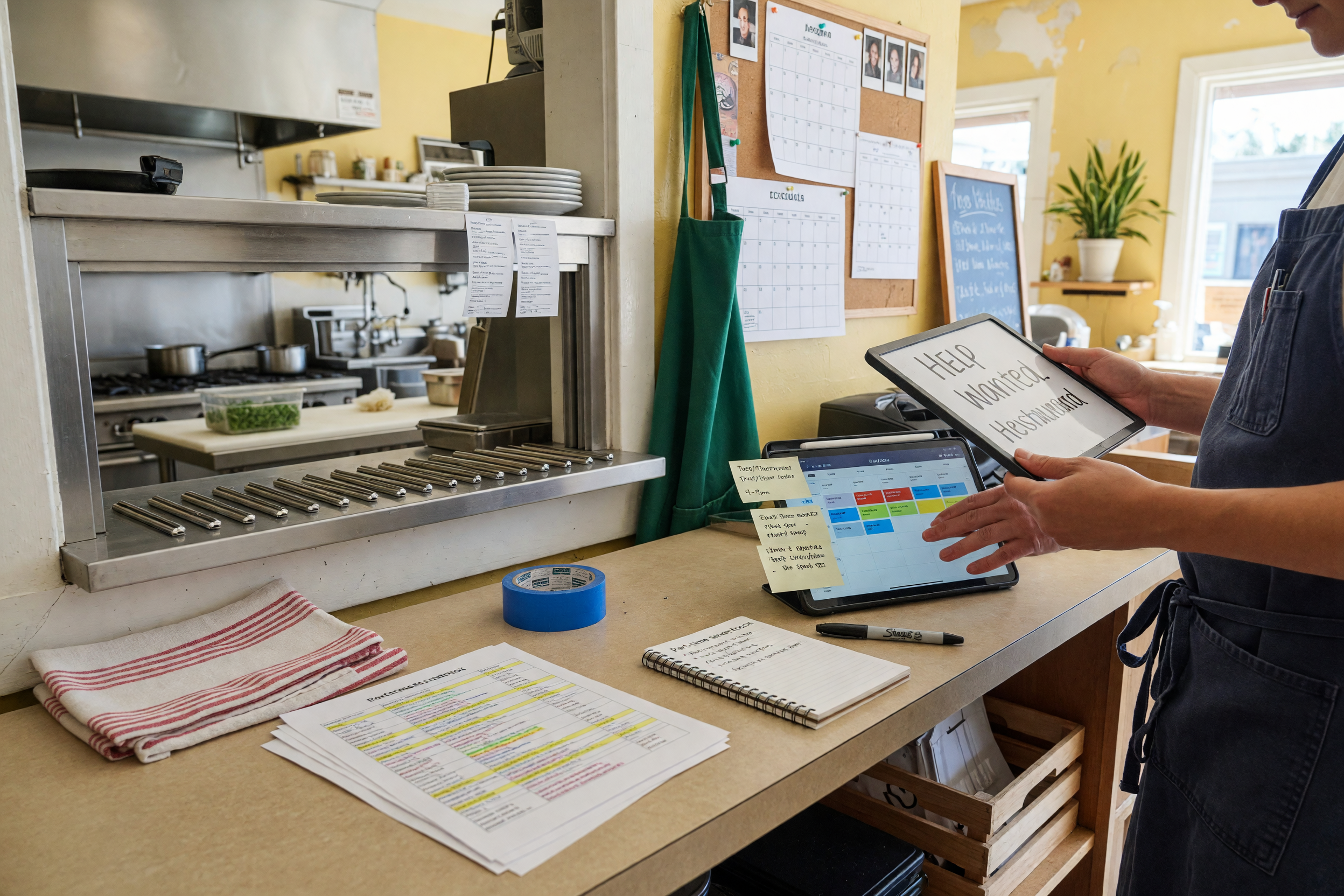 Restaurant manager preparing a part-time hiring listing at a counter