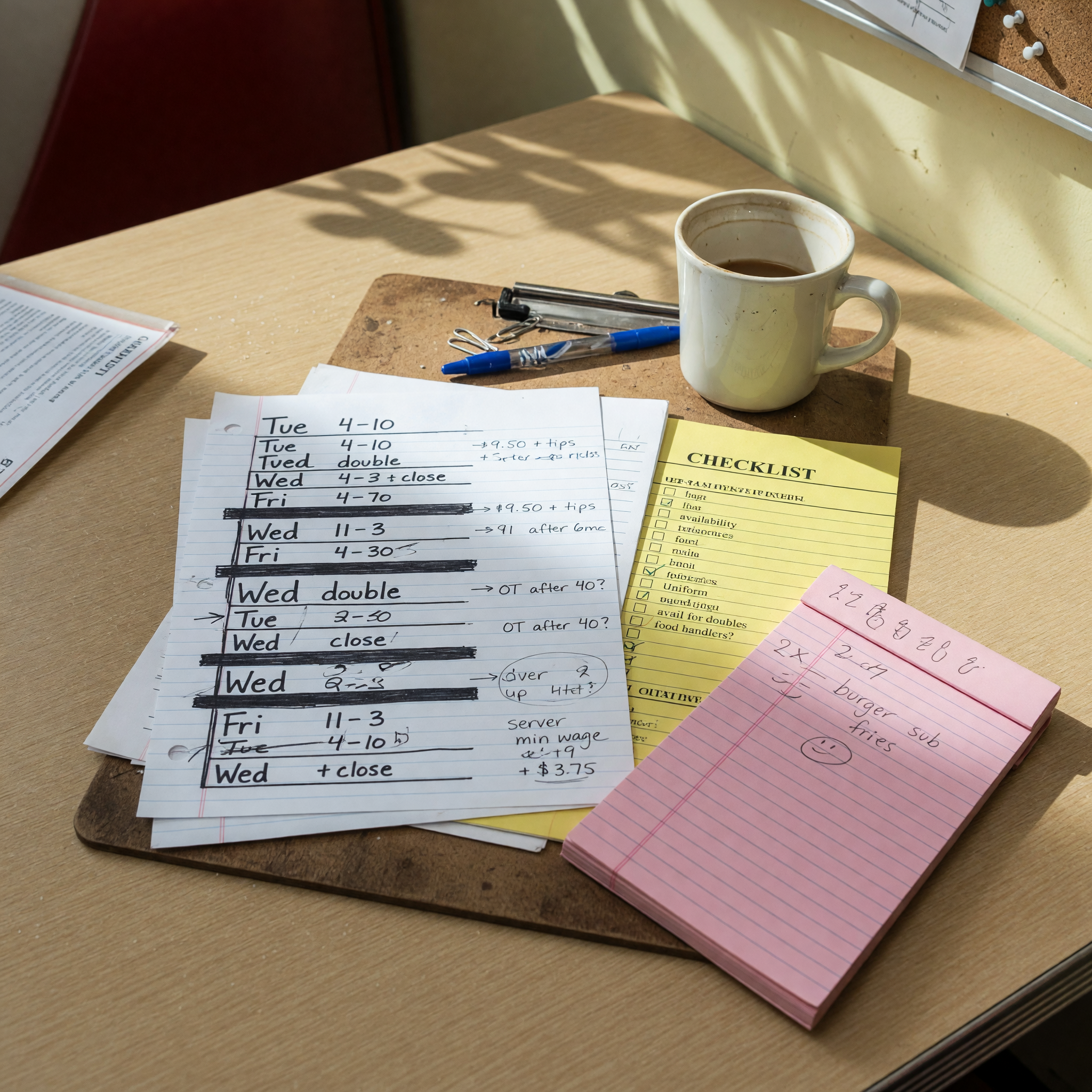 Restaurant shift schedule and job posting checklist on a counter