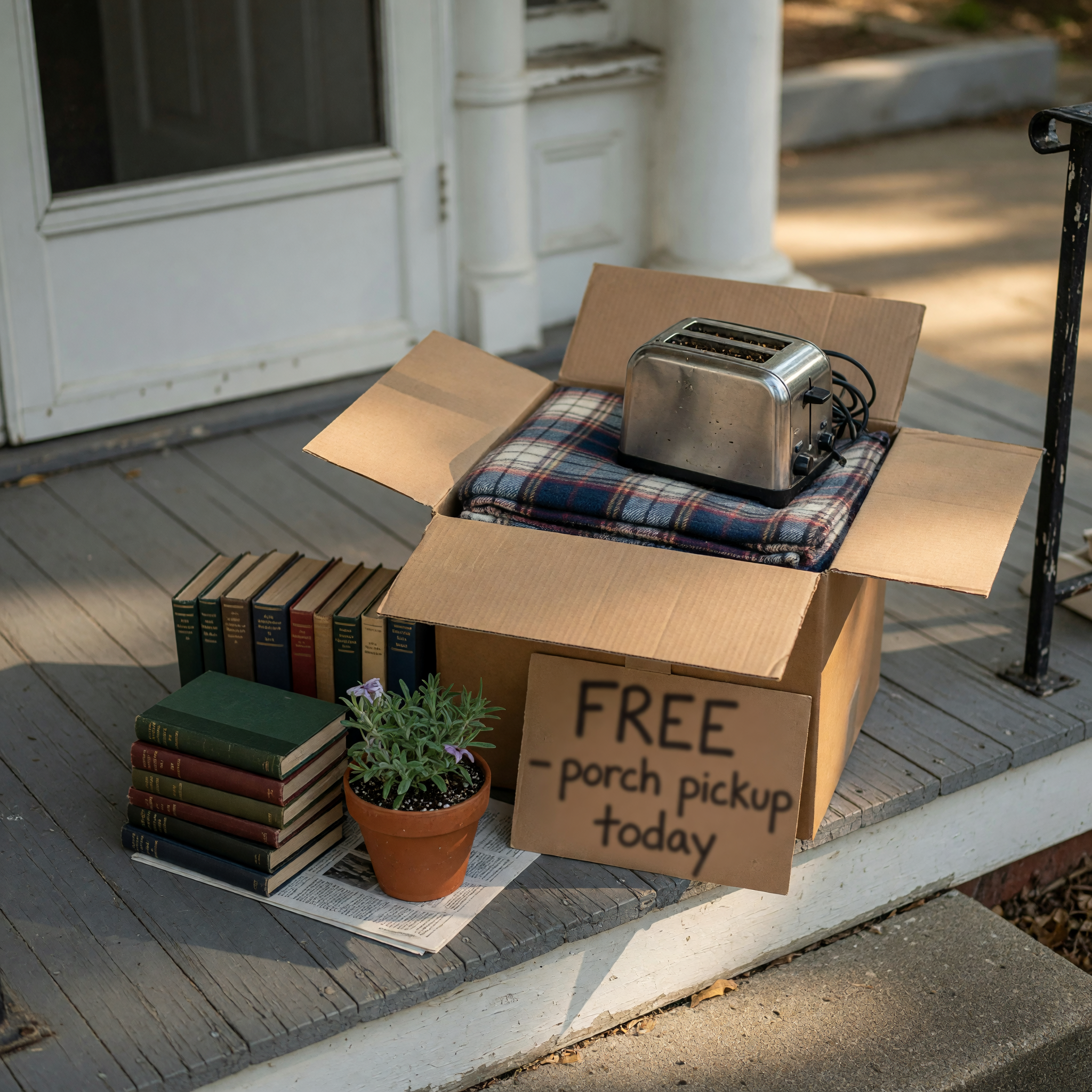 Front porch with a box of giveaway items including books, a toaster, a potted plant, and a folded blanket ready for pickup