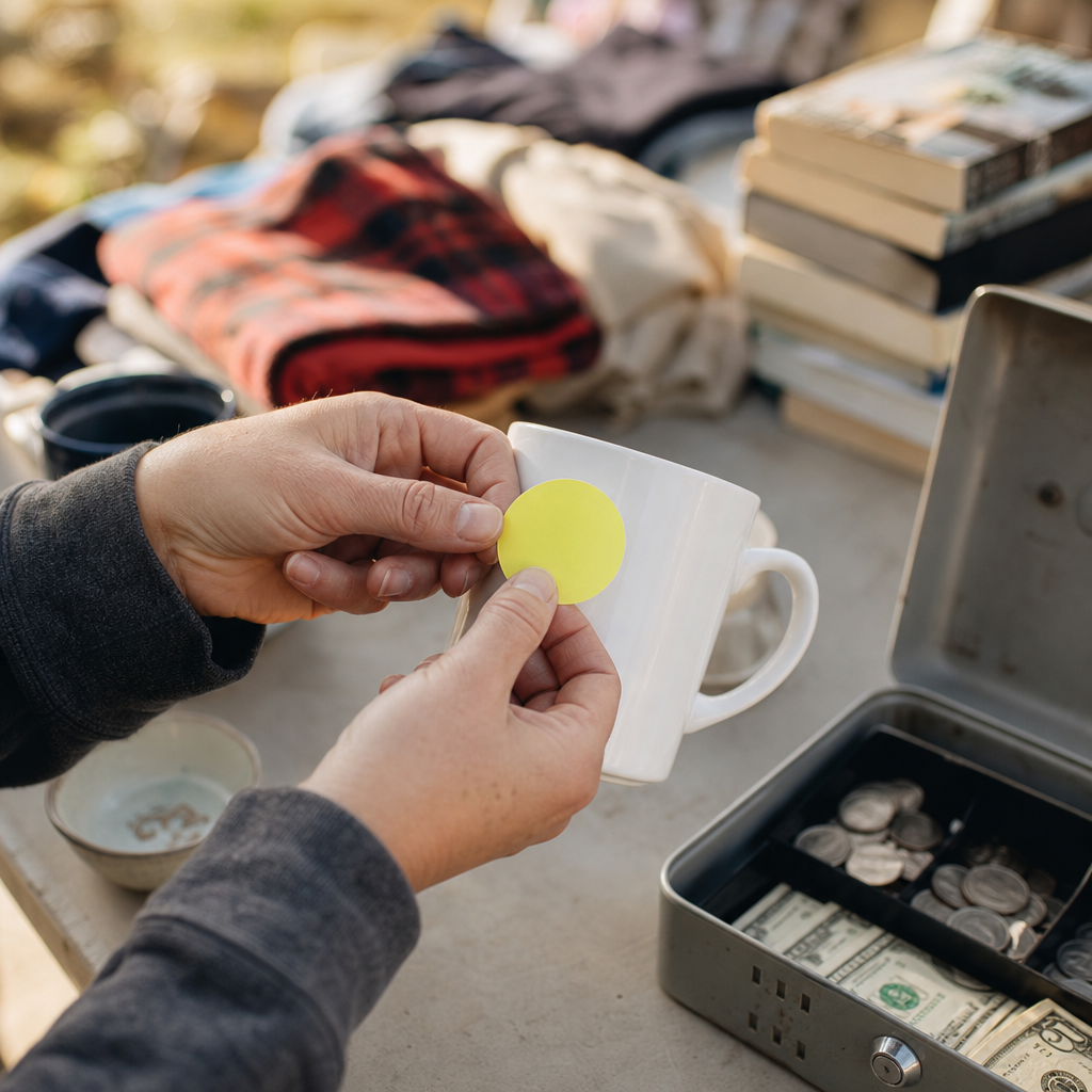 Hands pressing a blank yellow price sticker onto a coffee mug at a garage sale table, cash box with quarters in the background