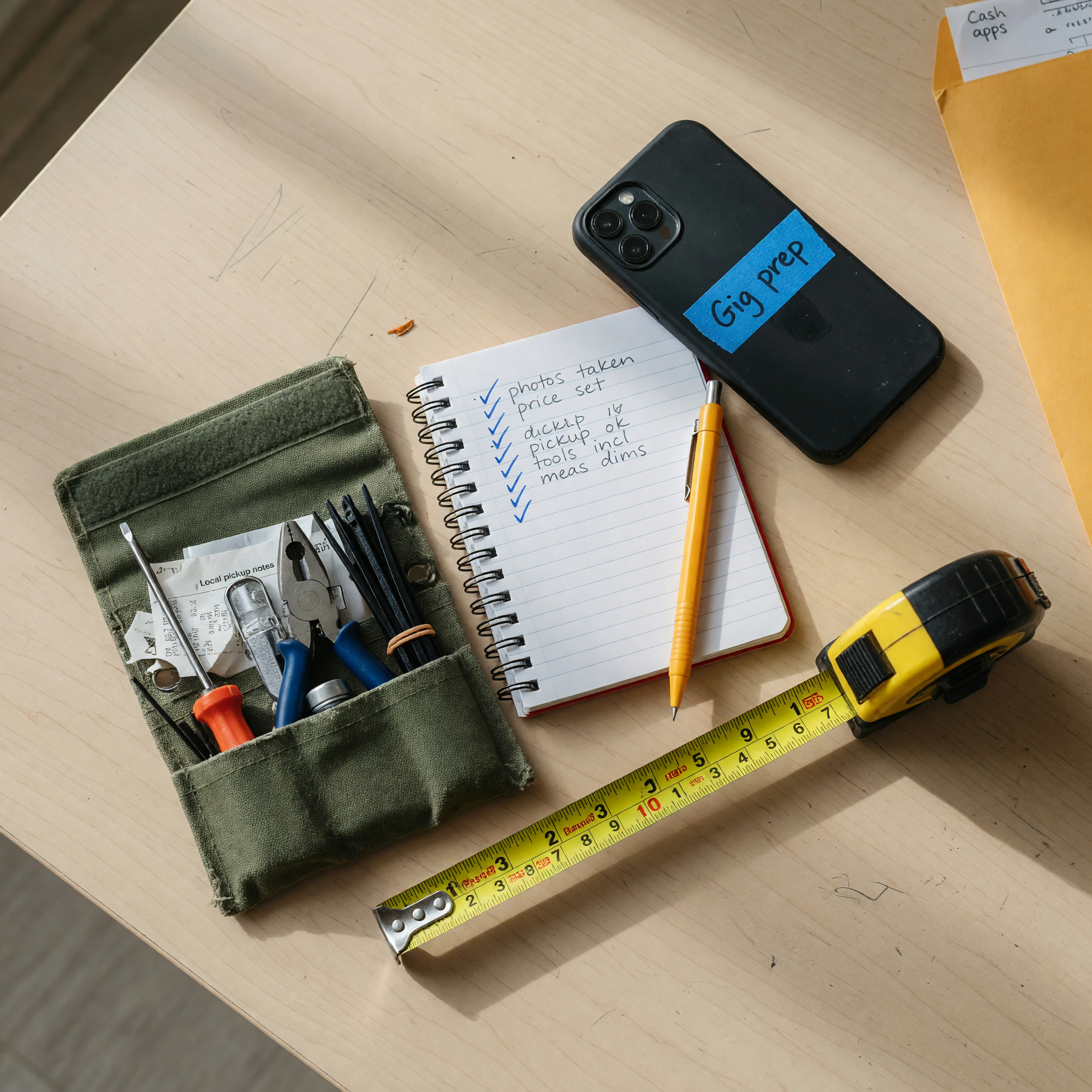 Notebook, phone, tape measure, and toolkit used to prepare a local gig listing