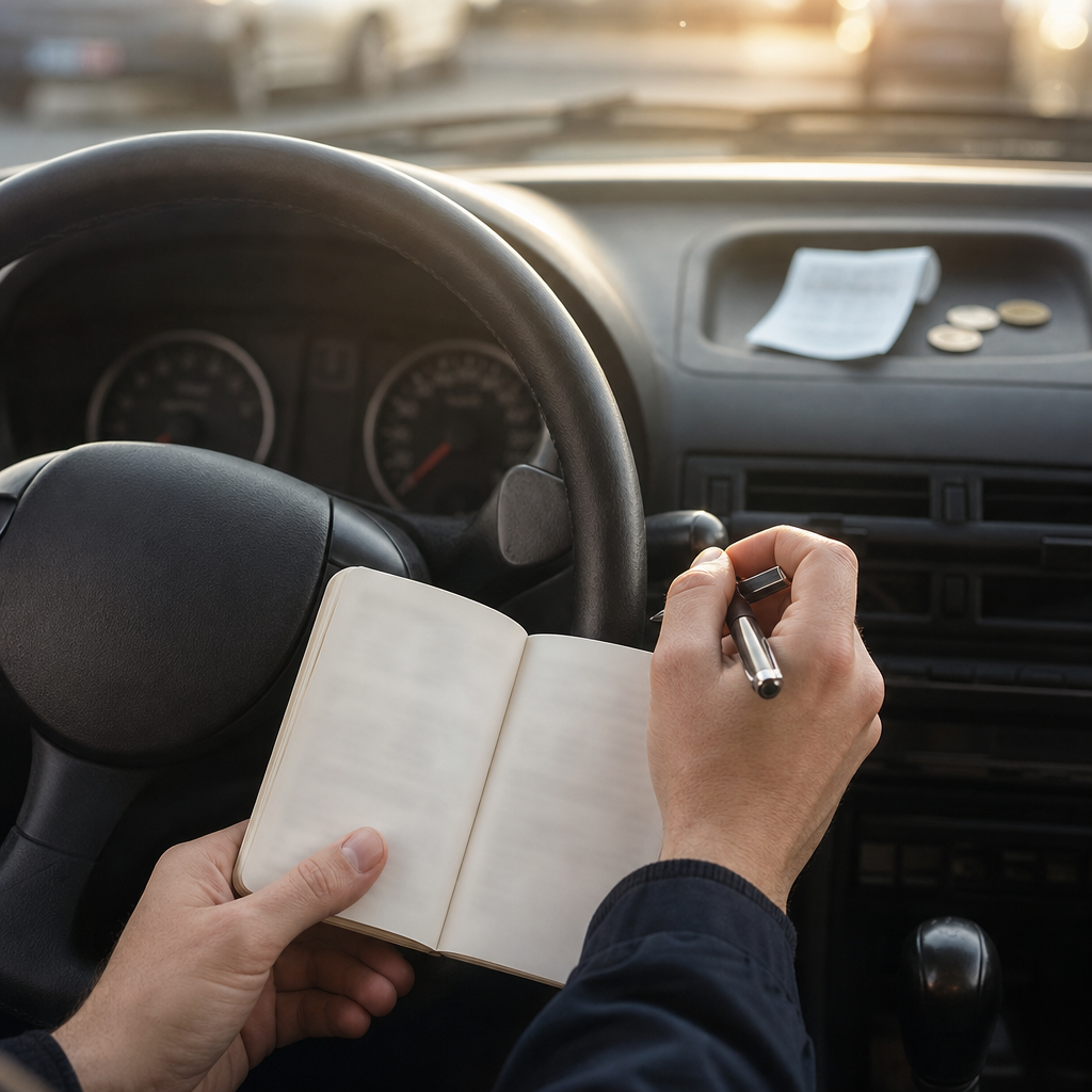Hands at a car steering wheel holding a small mileage log notebook and pen