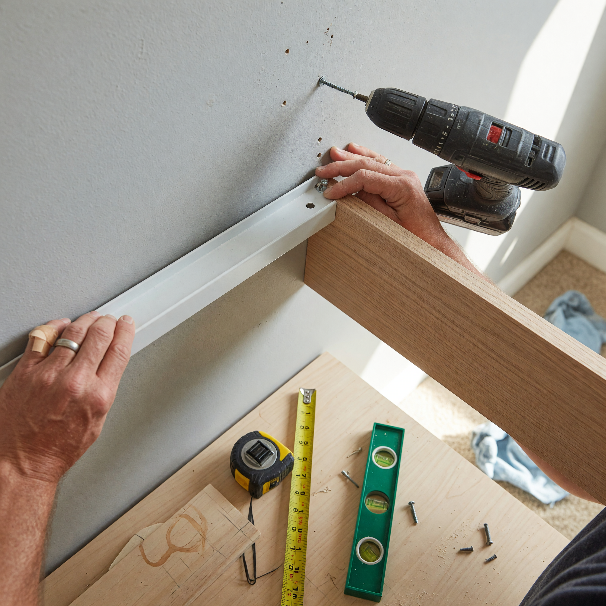Handyman using a cordless drill and level to mount a floating shelf on a wall with a tape measure nearby
