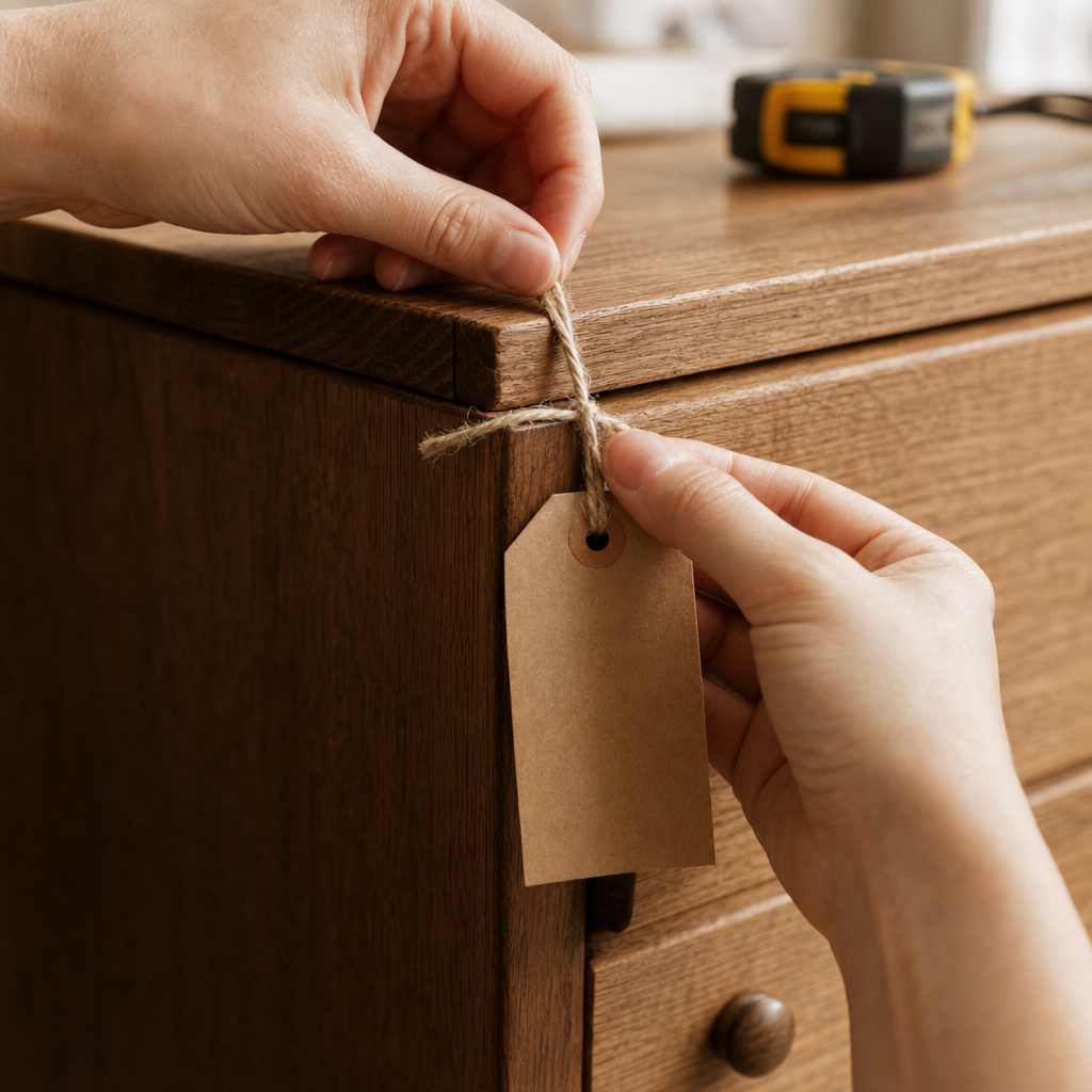 Hands tying a blank kraft-paper price tag to the corner of a solid oak dresser