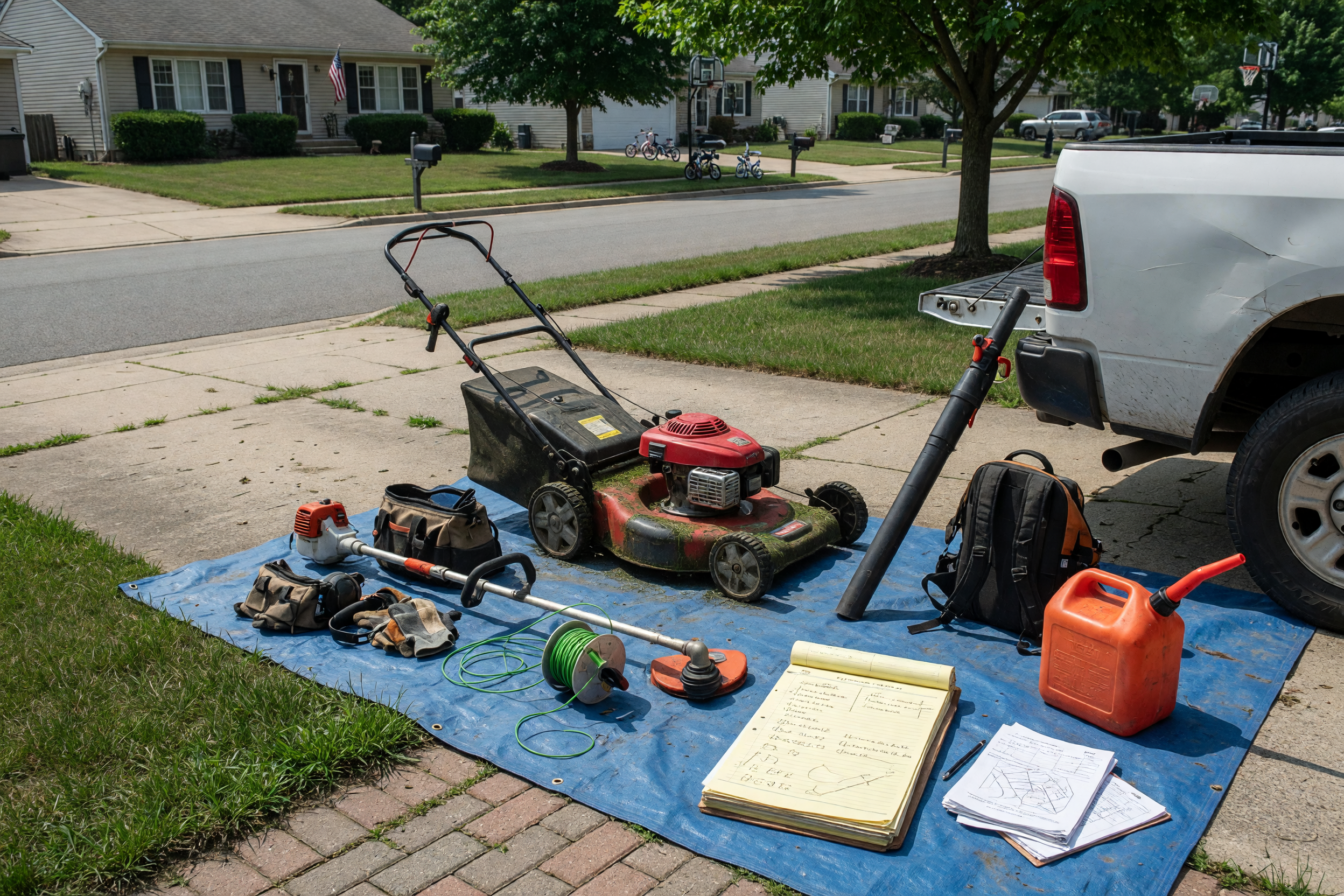 Lawn mowing equipment and route notes prepared beside a suburban driveway