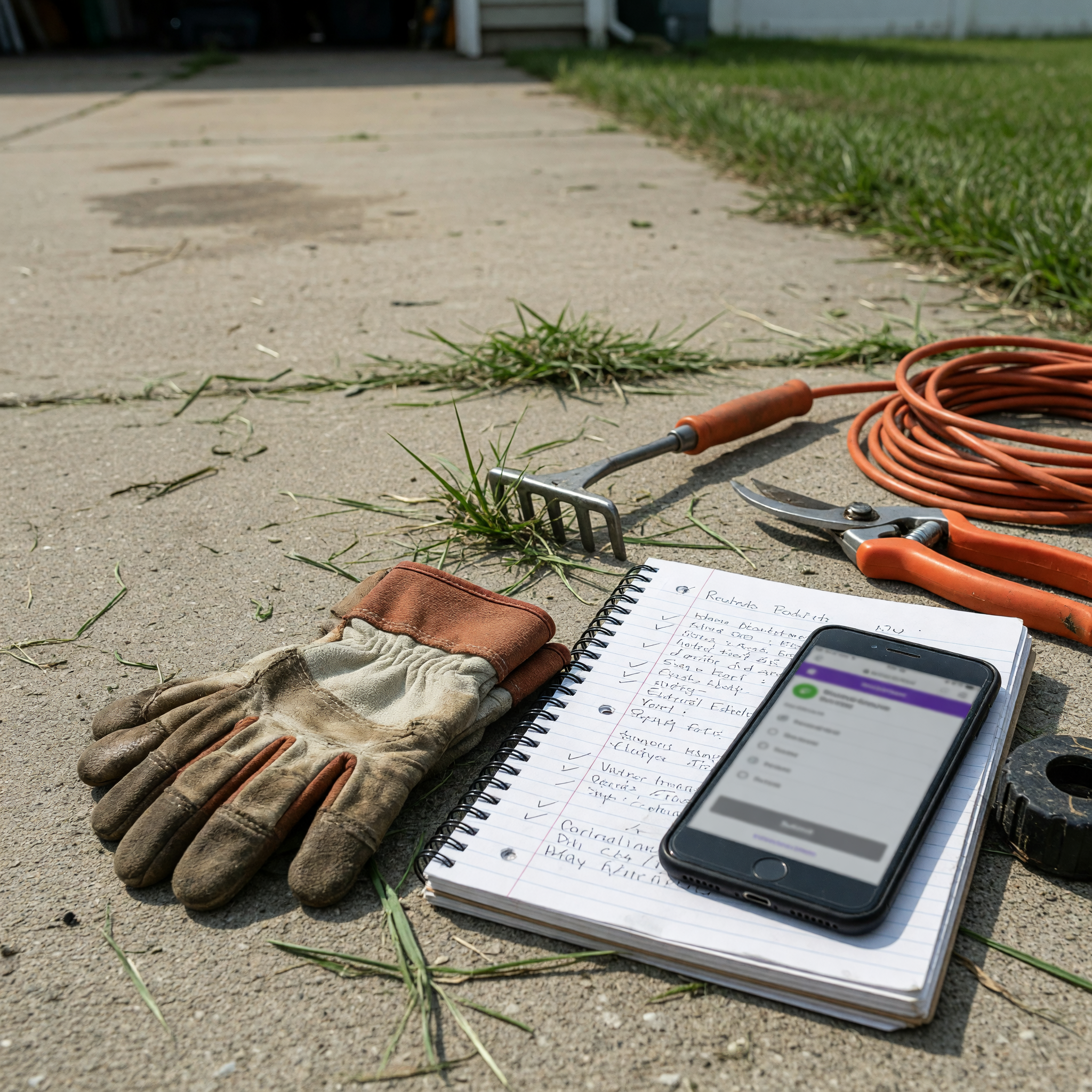 Lawn mowing tools, work gloves, route notes, and a phone ready for a service listing