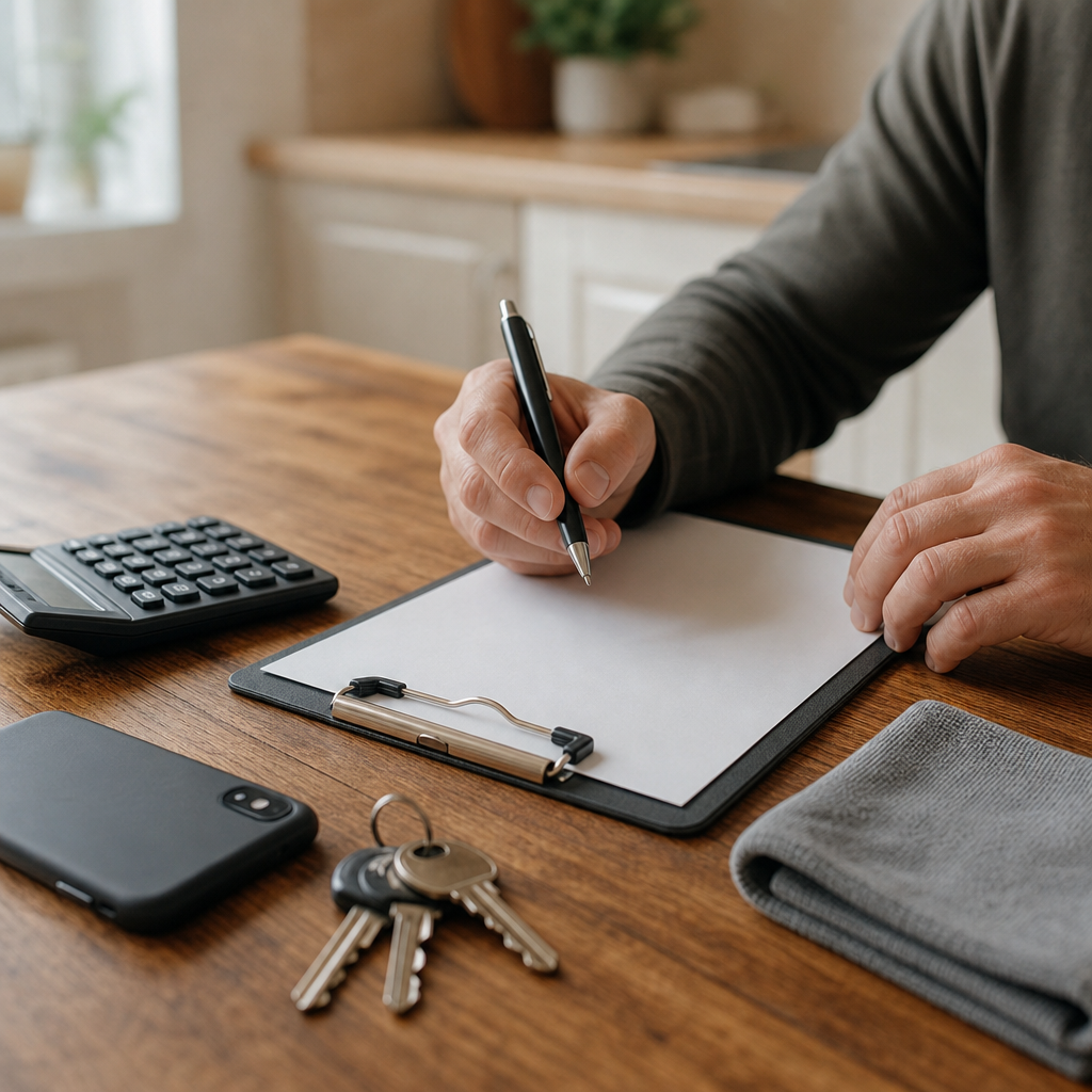 Hands working out a service quote with a pen, clipboard, and calculator on a kitchen table