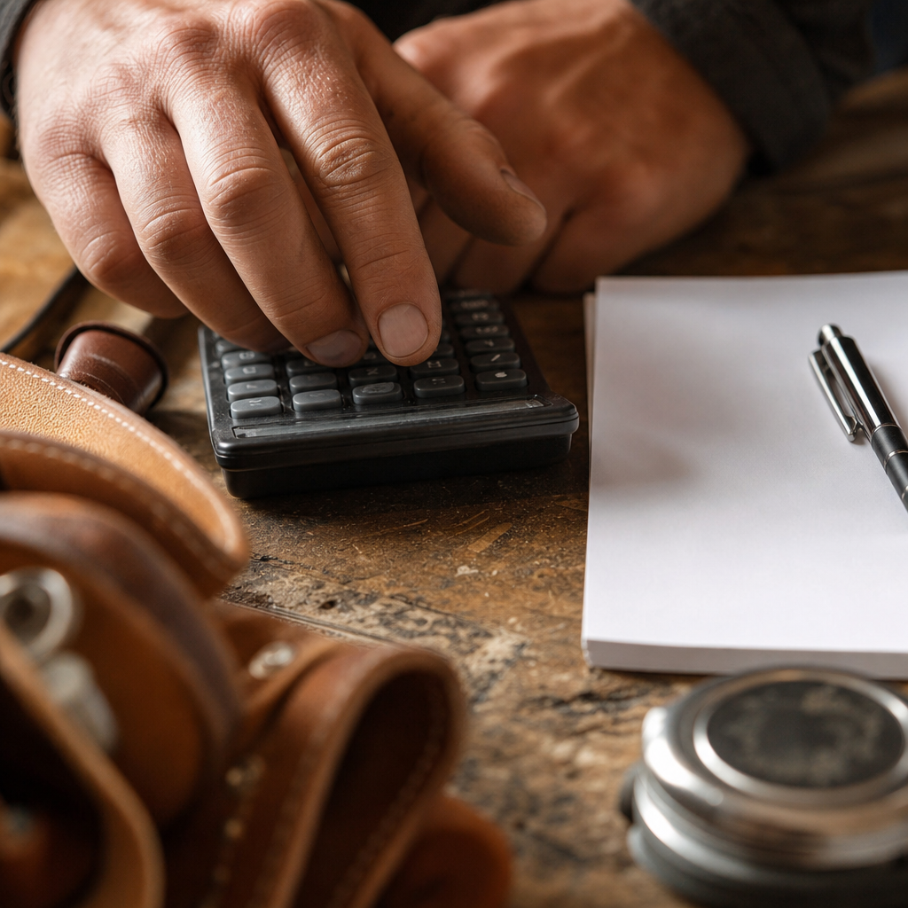 Hands using a calculator beside a blank paper pad and pen on a wooden workbench