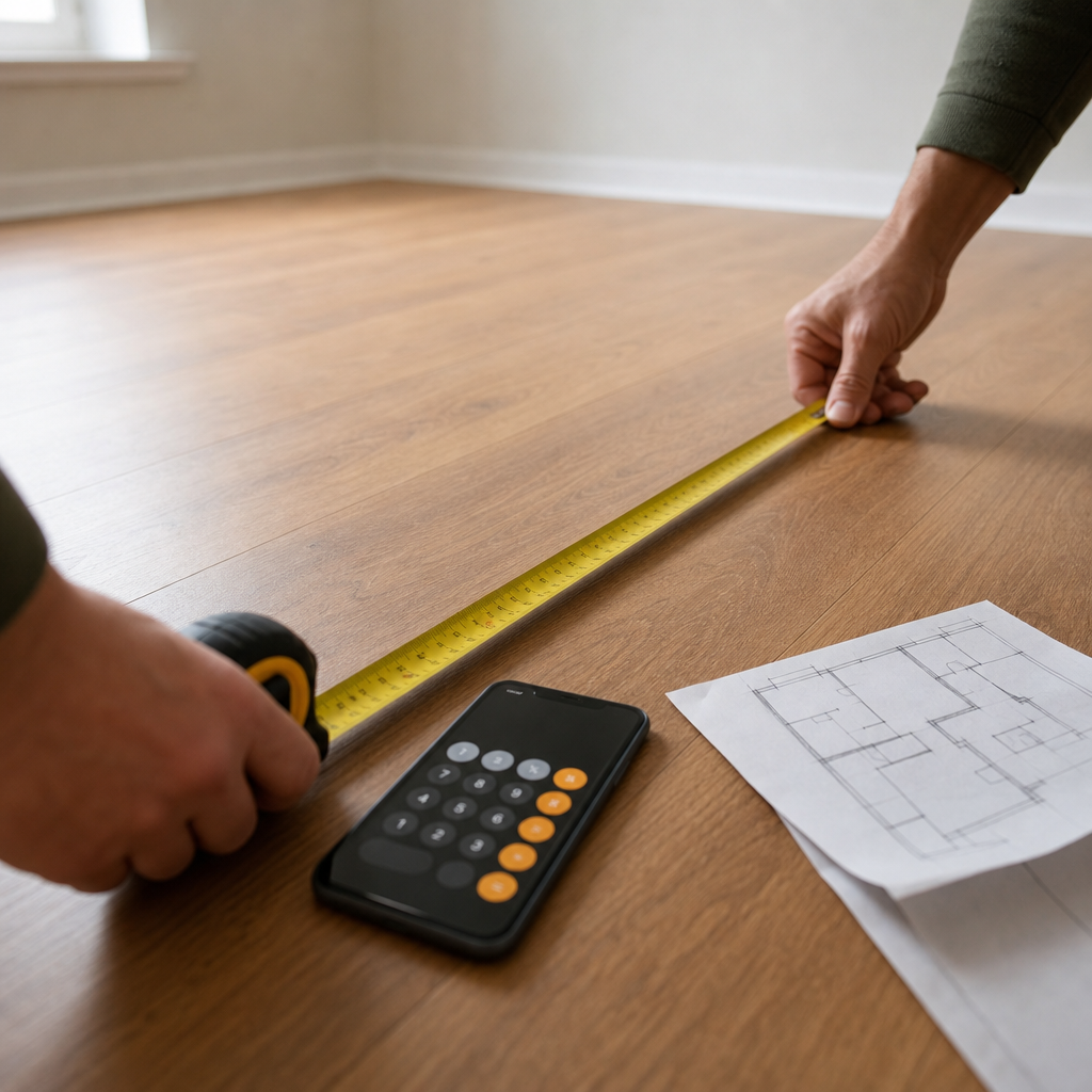 Hands measuring an empty bedroom floor with a tape measure next to a smartphone calculator and a floor-plan sketch