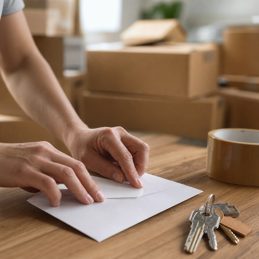 Hands sealing an envelope containing a notice to vacate letter next to apartment keys