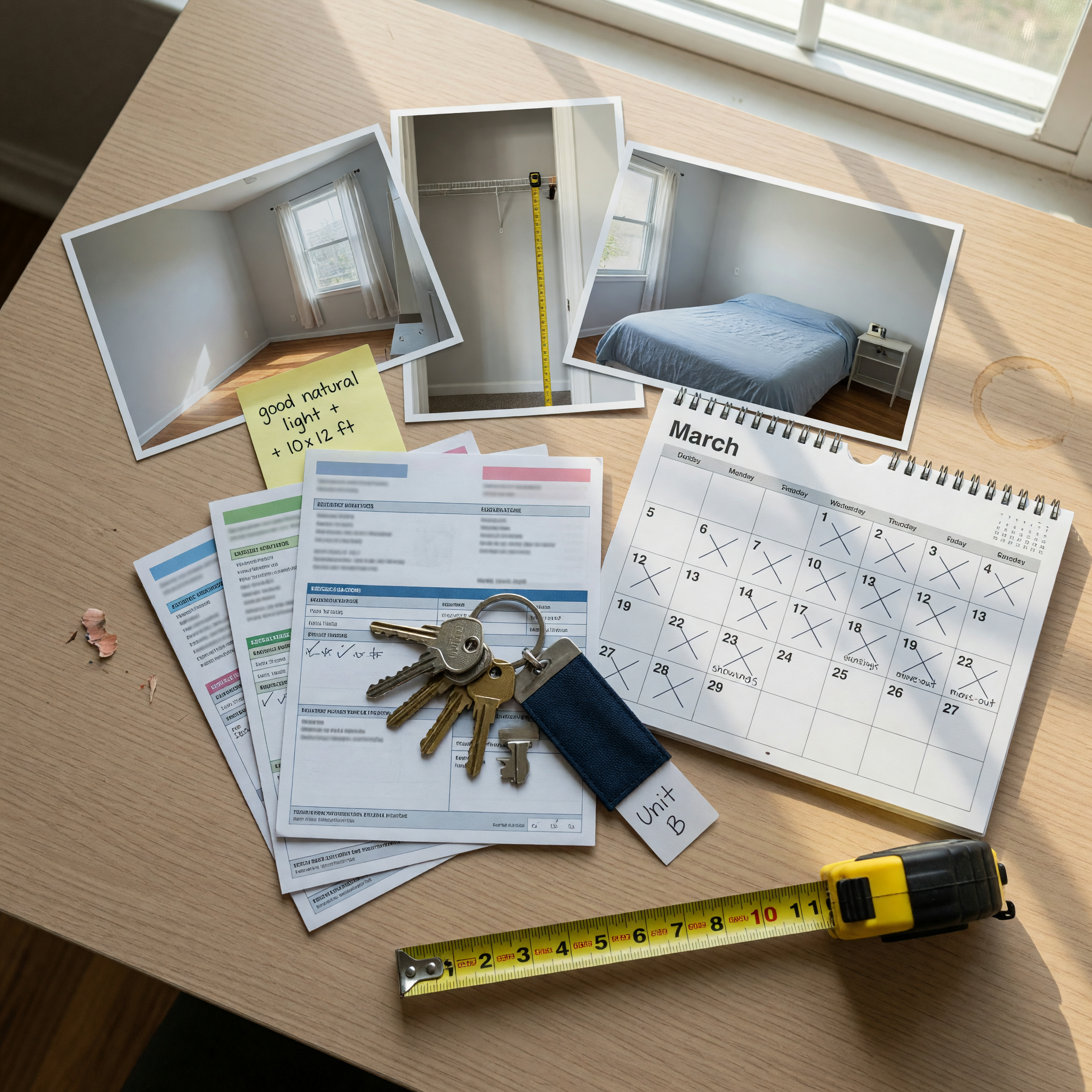 Room rental listing notes with keys, utility bills, calendar, and bedroom photos ready to import