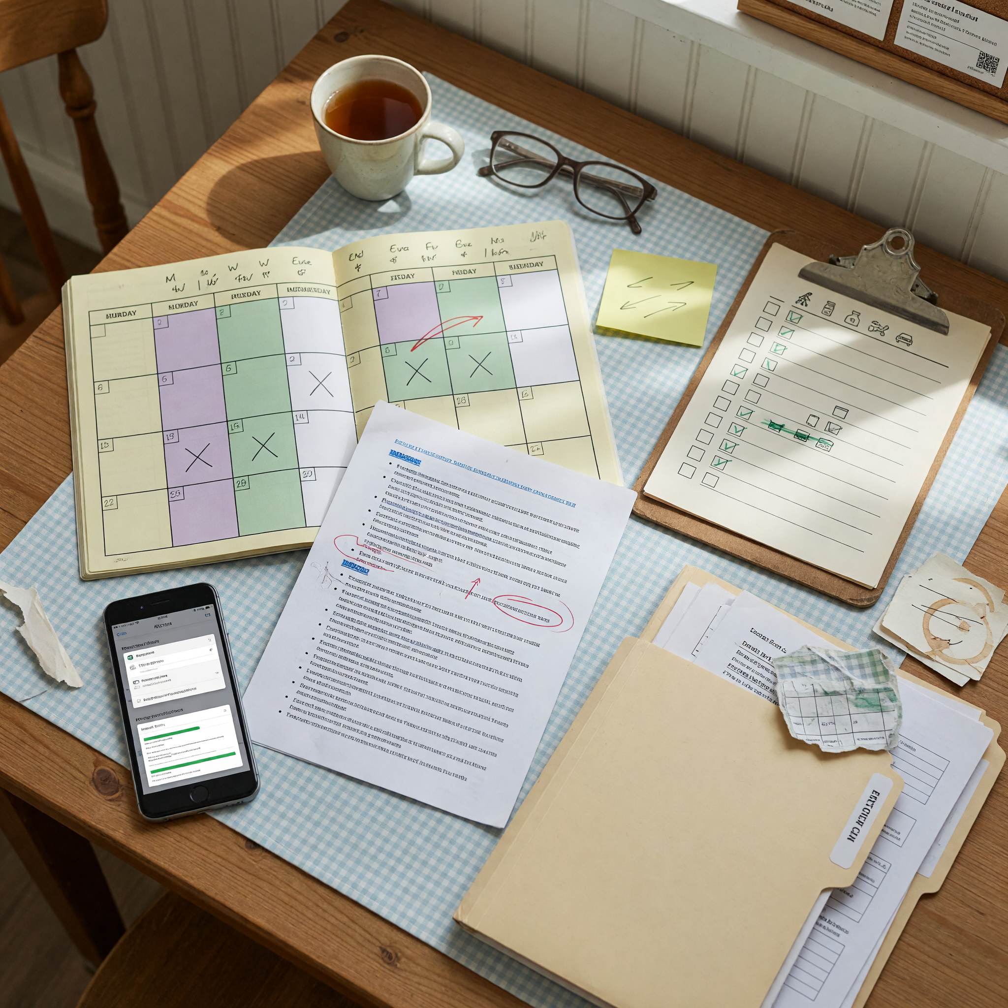 Senior care service listing notes with weekly availability calendar, task checklist, references folder, and phone