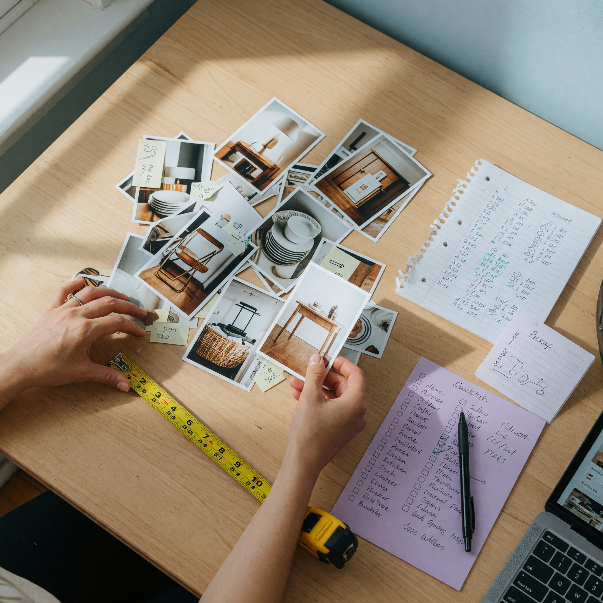 Vendedor organizando fotos, medidas, precio y detalles de recogida antes de importar un anuncio de marketplace