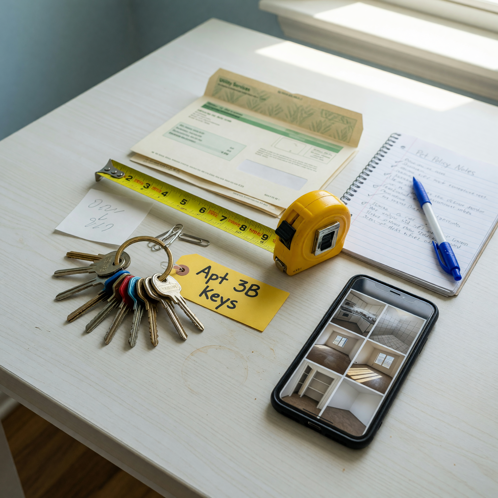 Keys, measuring tape, and rental listing notes prepared for an apartment post