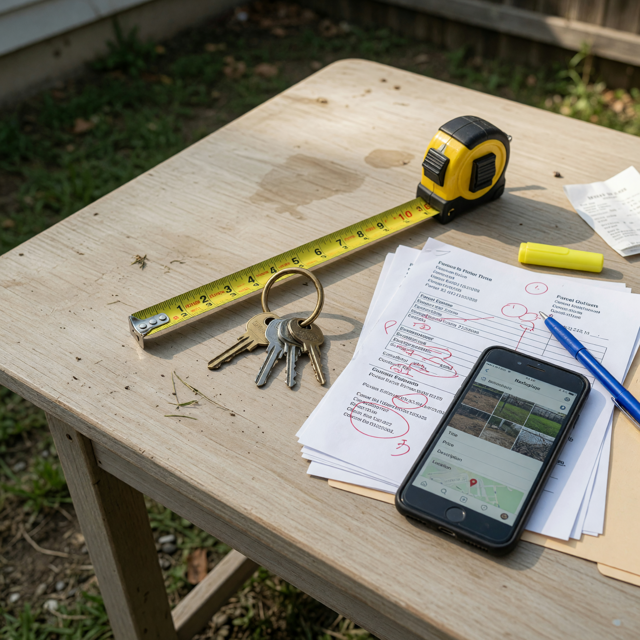 Land rental listing preparation with keys, measuring tape, parcel notes, and a phone