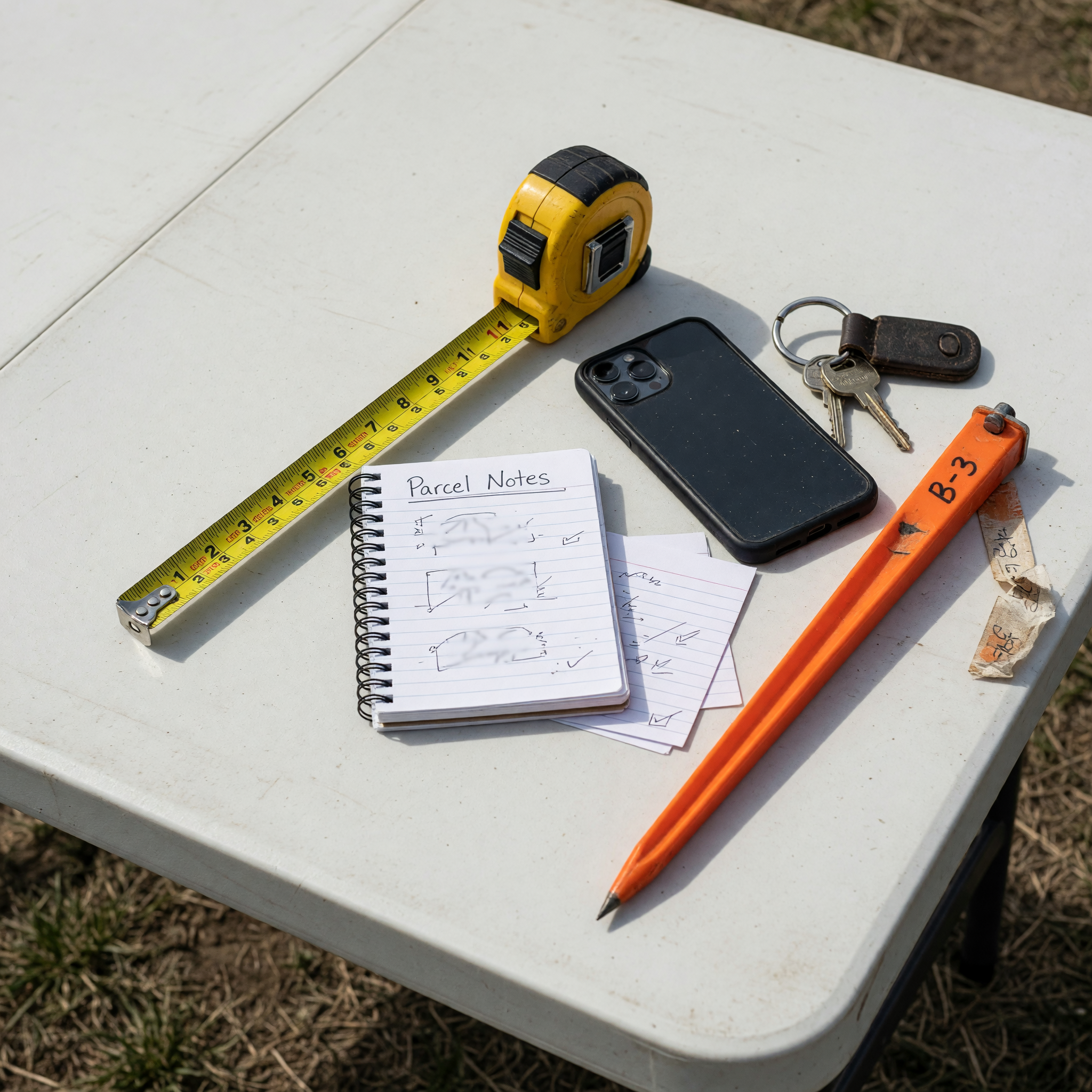 Land sale listing notes with measuring tape, boundary marker, keys, and phone camera