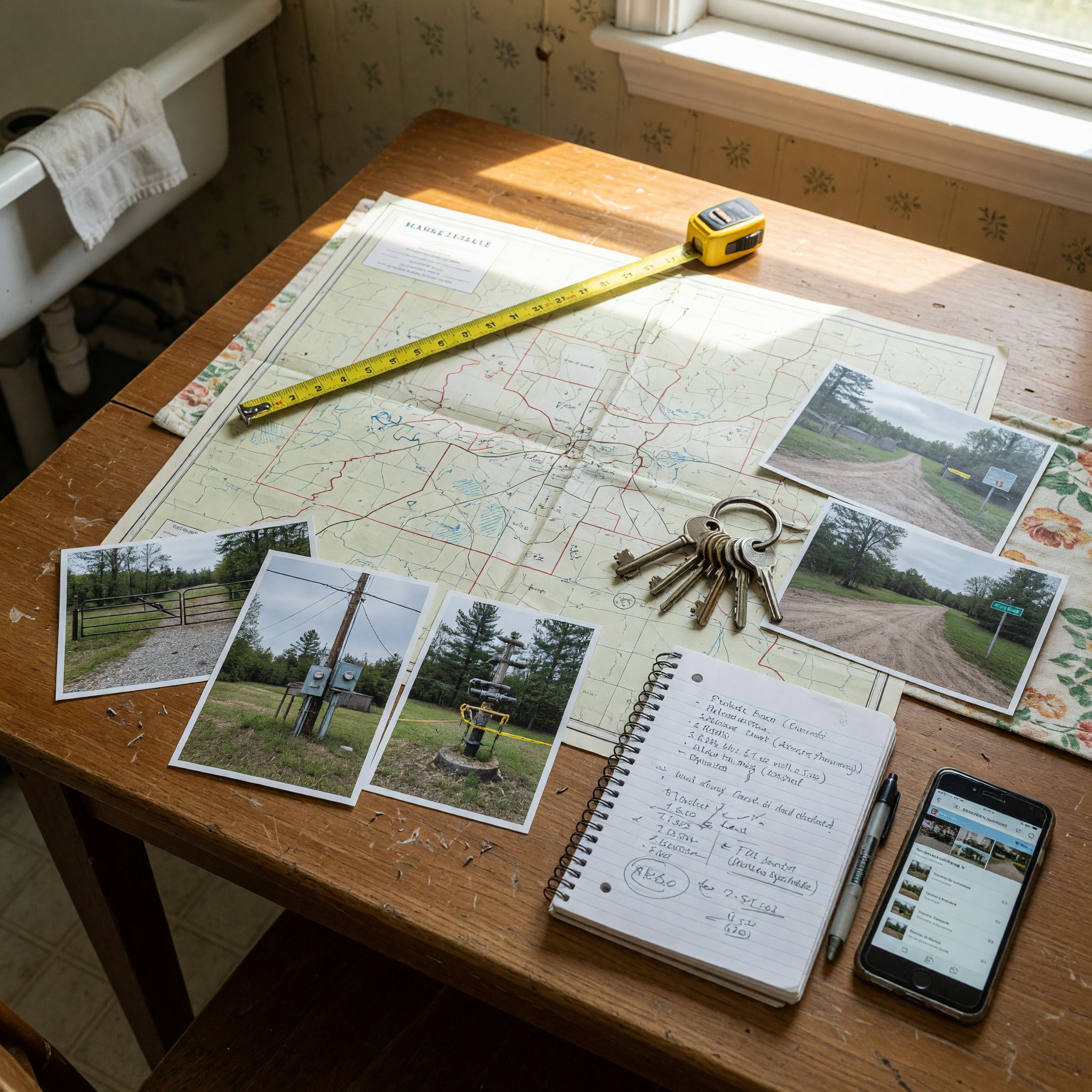 Rural rental listing preparation with keys, property map, notebook, and utility details