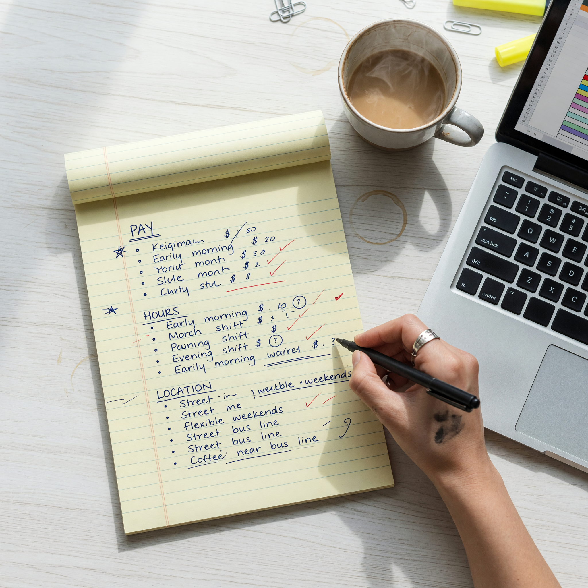 A hiring manager hand-writing a clear job posting on a notepad beside a laptop and coffee, with organized bullet points for pay, hours, and location