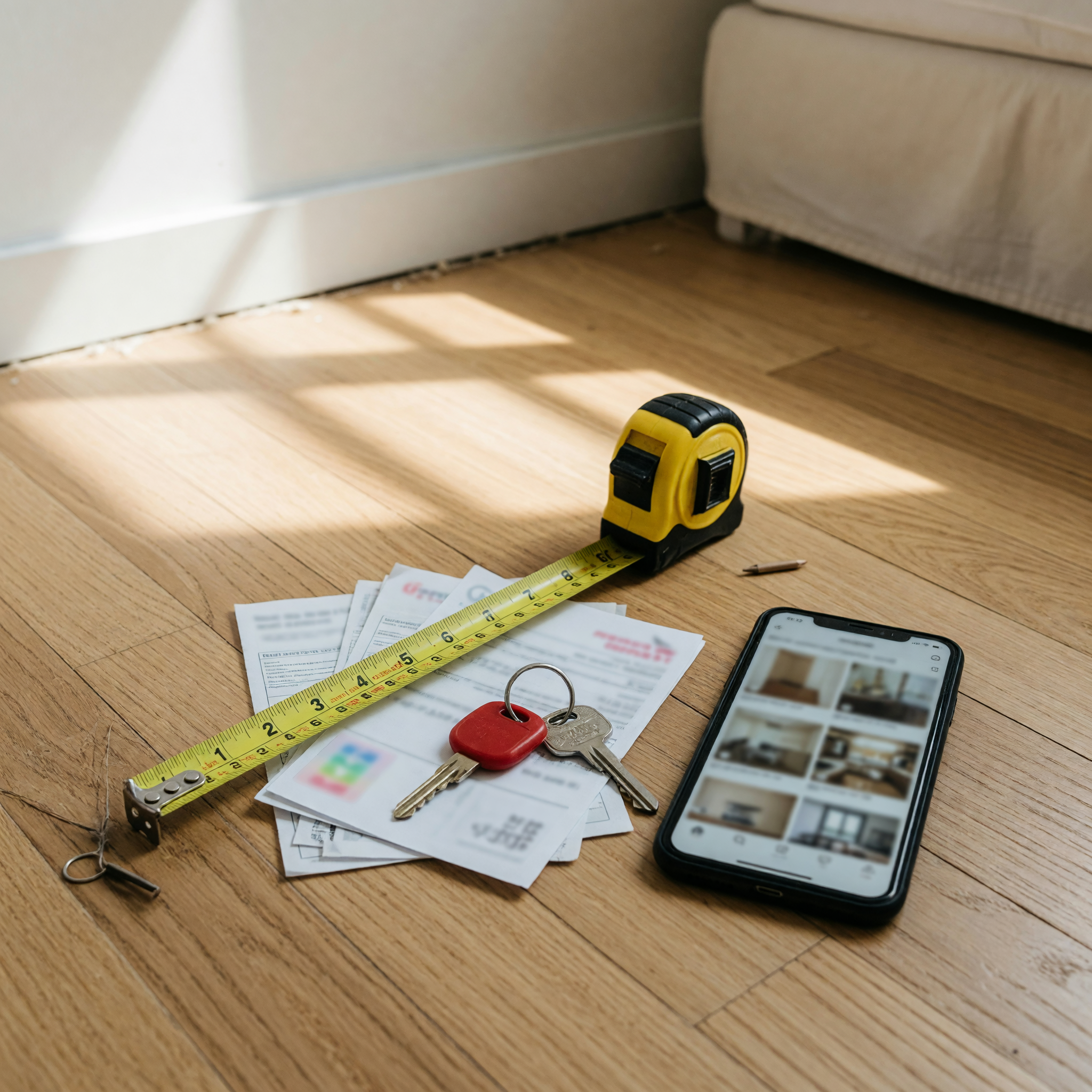 Rental listing notes with keys, measuring tape, and move-in details prepared before posting