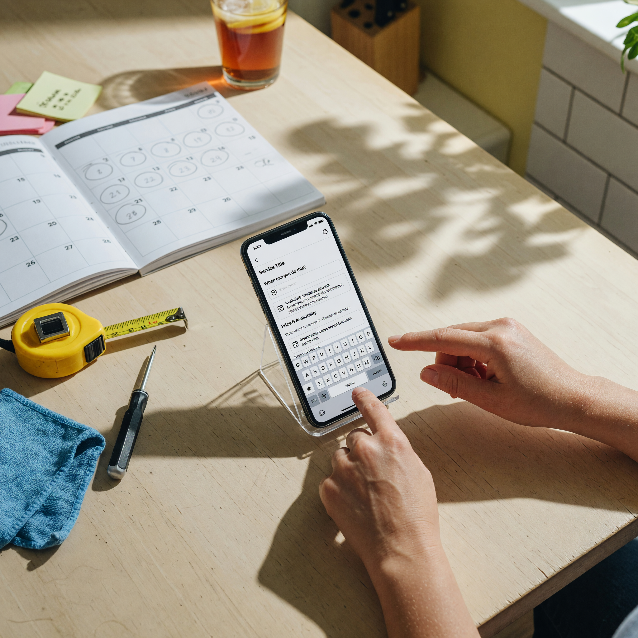 A person typing a clear local service listing on a smartphone at a kitchen table with a calendar and tools nearby