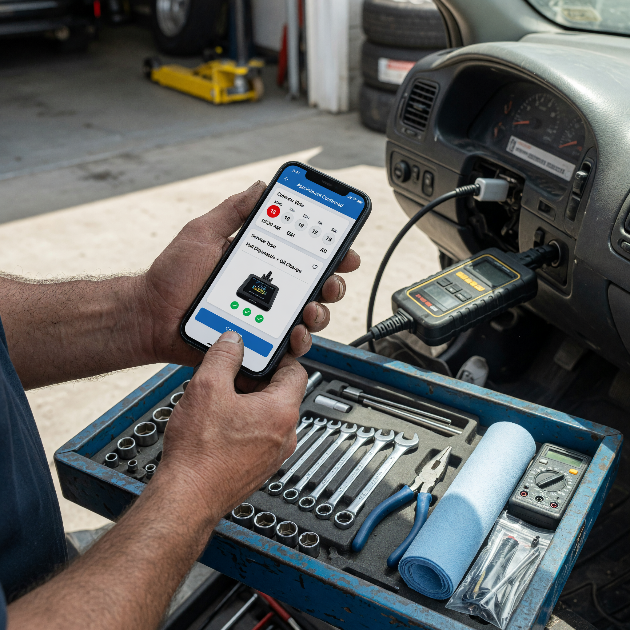 A mobile mechanic checking a service booking on a phone next to an OBD2 diagnostic scanner plugged into a car