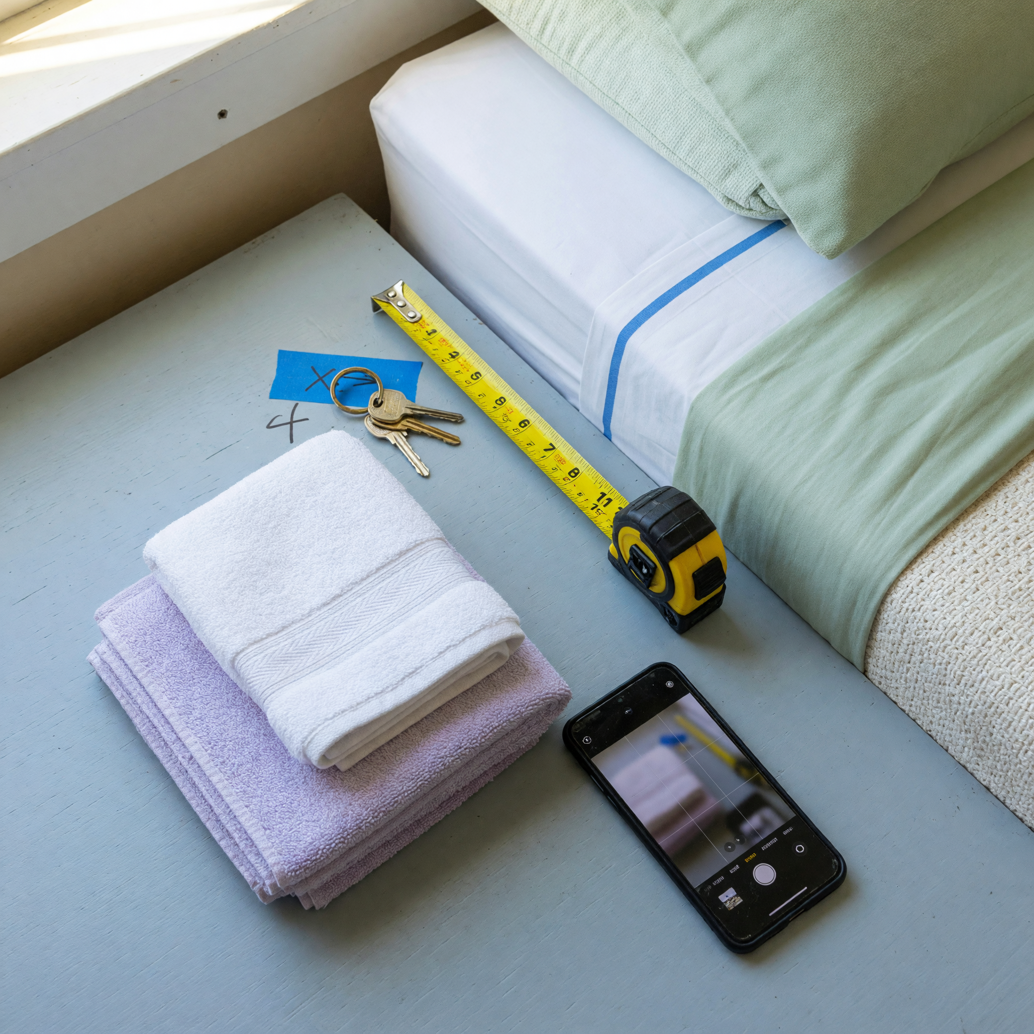 Furnished rental listing preparation with keys, tape measure, towels, and a clean bed corner