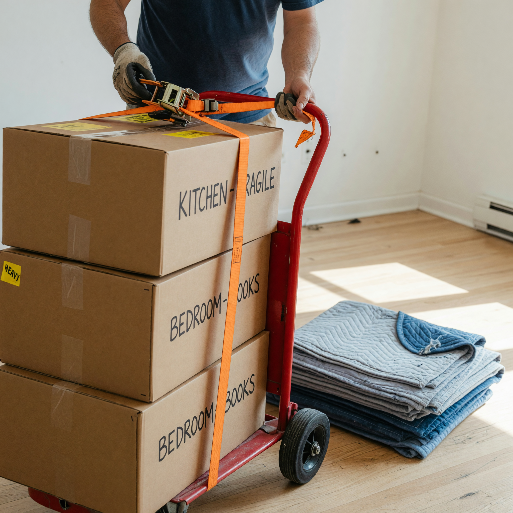 A mover in work gloves strapping stacked cardboard moving boxes labeled by room onto a red hand dolly, with folded moving blankets beside it in an empty room
