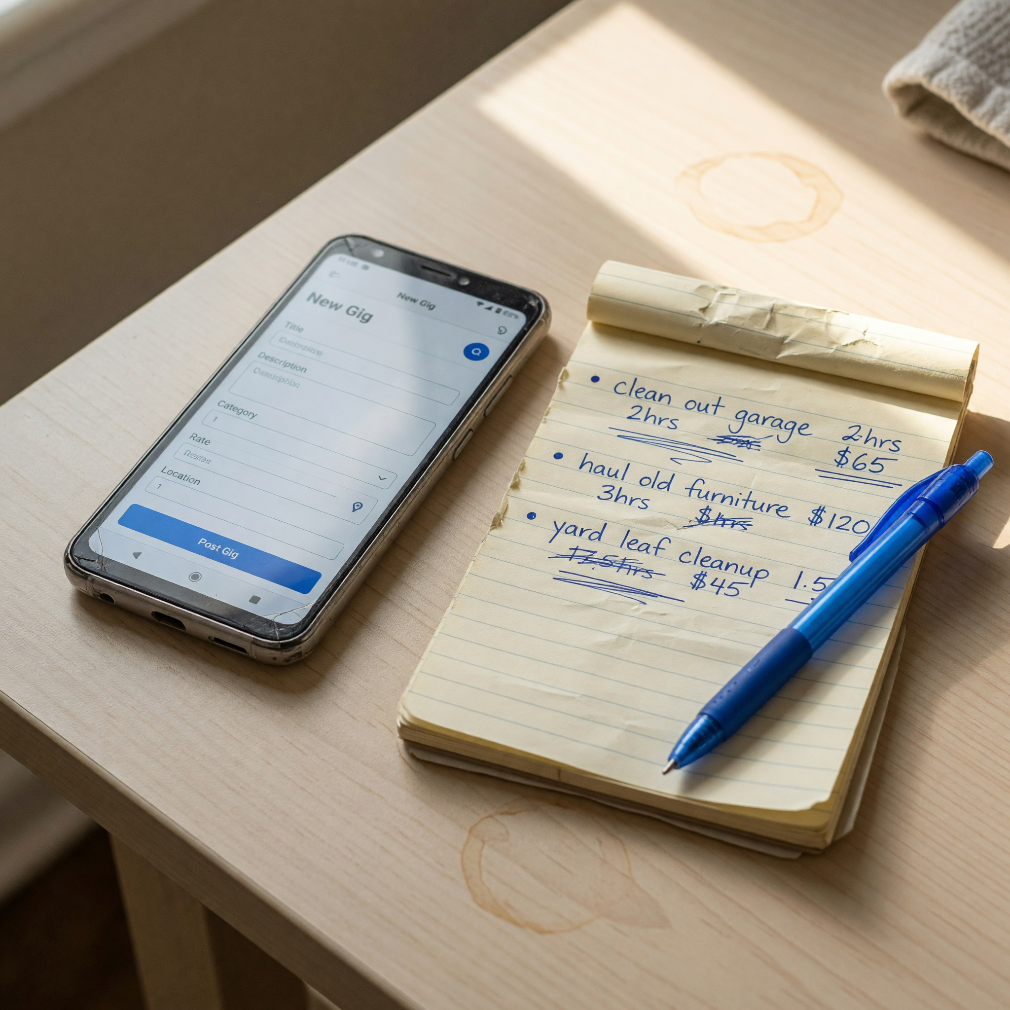 A phone showing a blank gig posting form on a table next to a notepad listing three small household tasks with a time estimate and a dollar budget written beside each one
