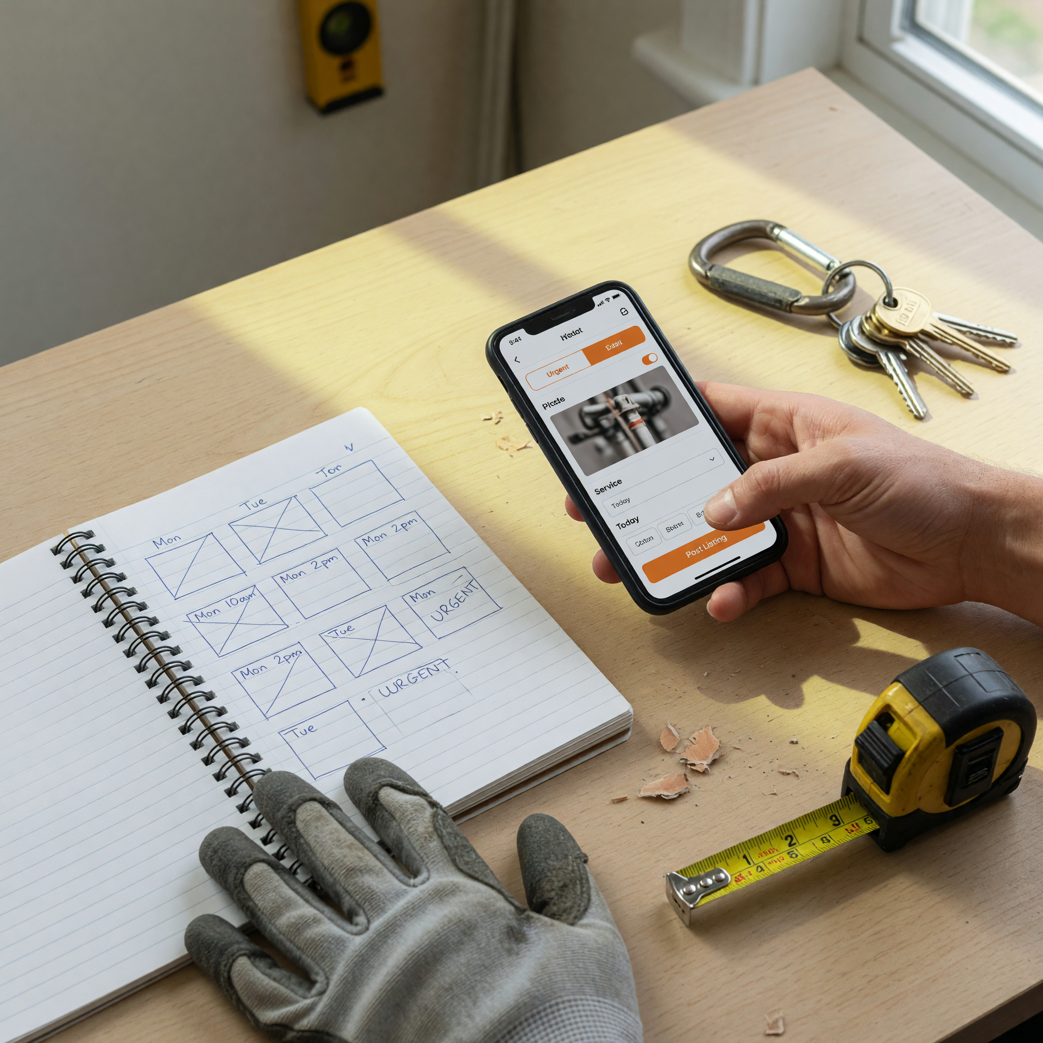 Work gloves, keys, measuring tape, and a phone beside a notebook prepared for an urgent local service listing