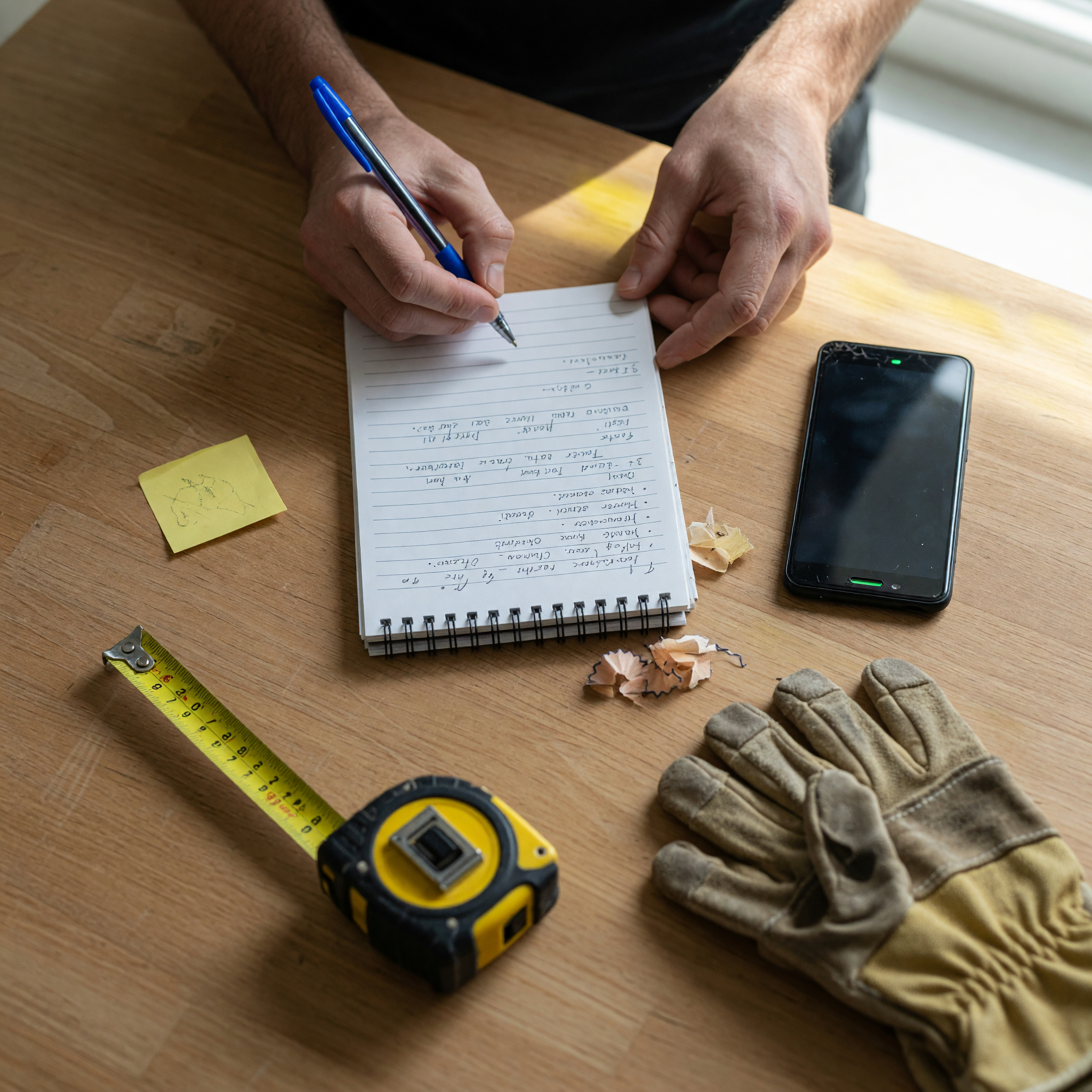 Hands writing a short one-time job request on a notepad next to a phone, work gloves, and a tape measure, filling in task, date, hours, pay, and pickup fields