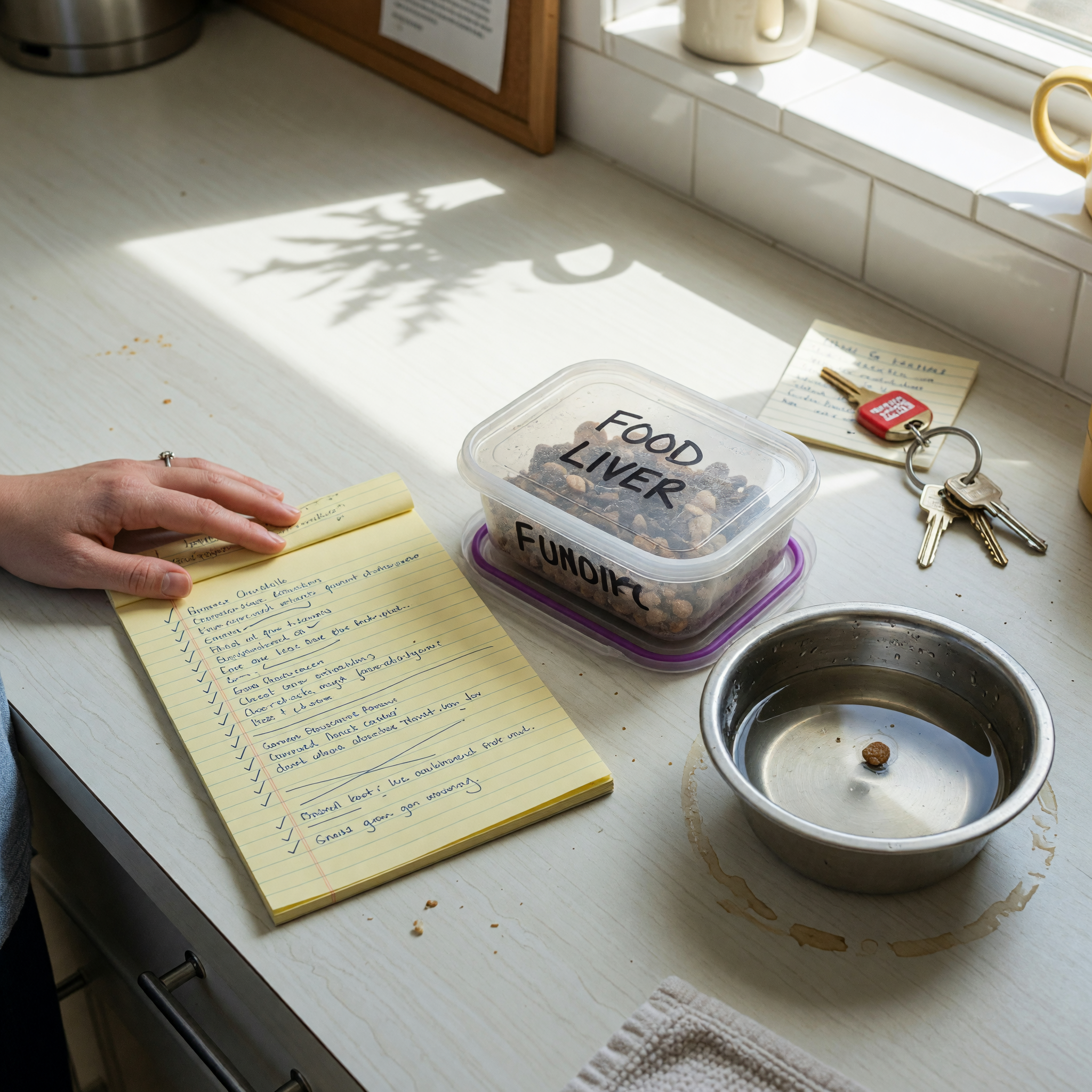 A pet sitter reading a handwritten pet care checklist beside a labeled food container, a filled water bowl, and a house key on a kitchen counter in natural light